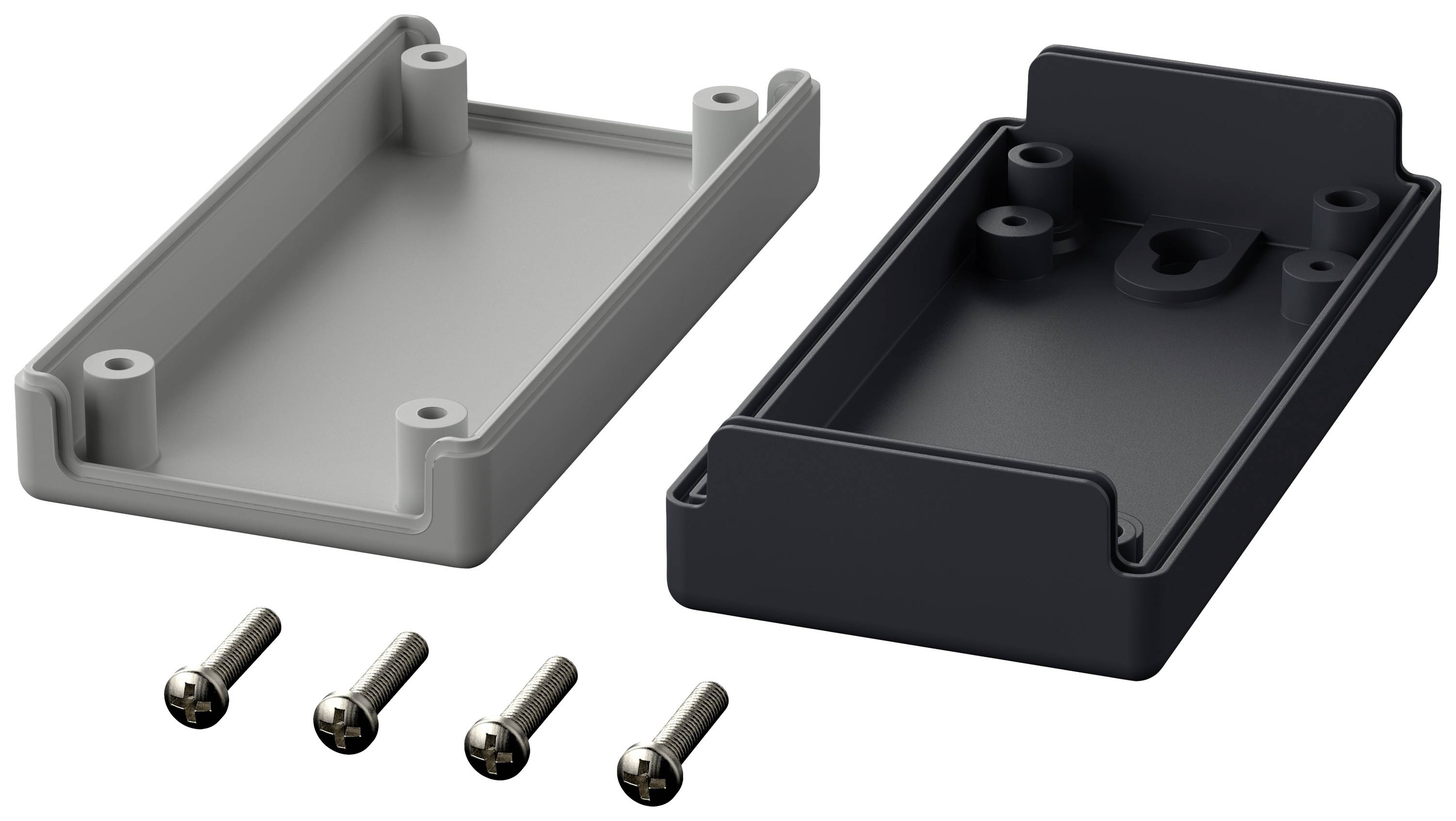 Two rectangular housing parts, one in grey and one in black, are lying open side by side. Four screws are visible.