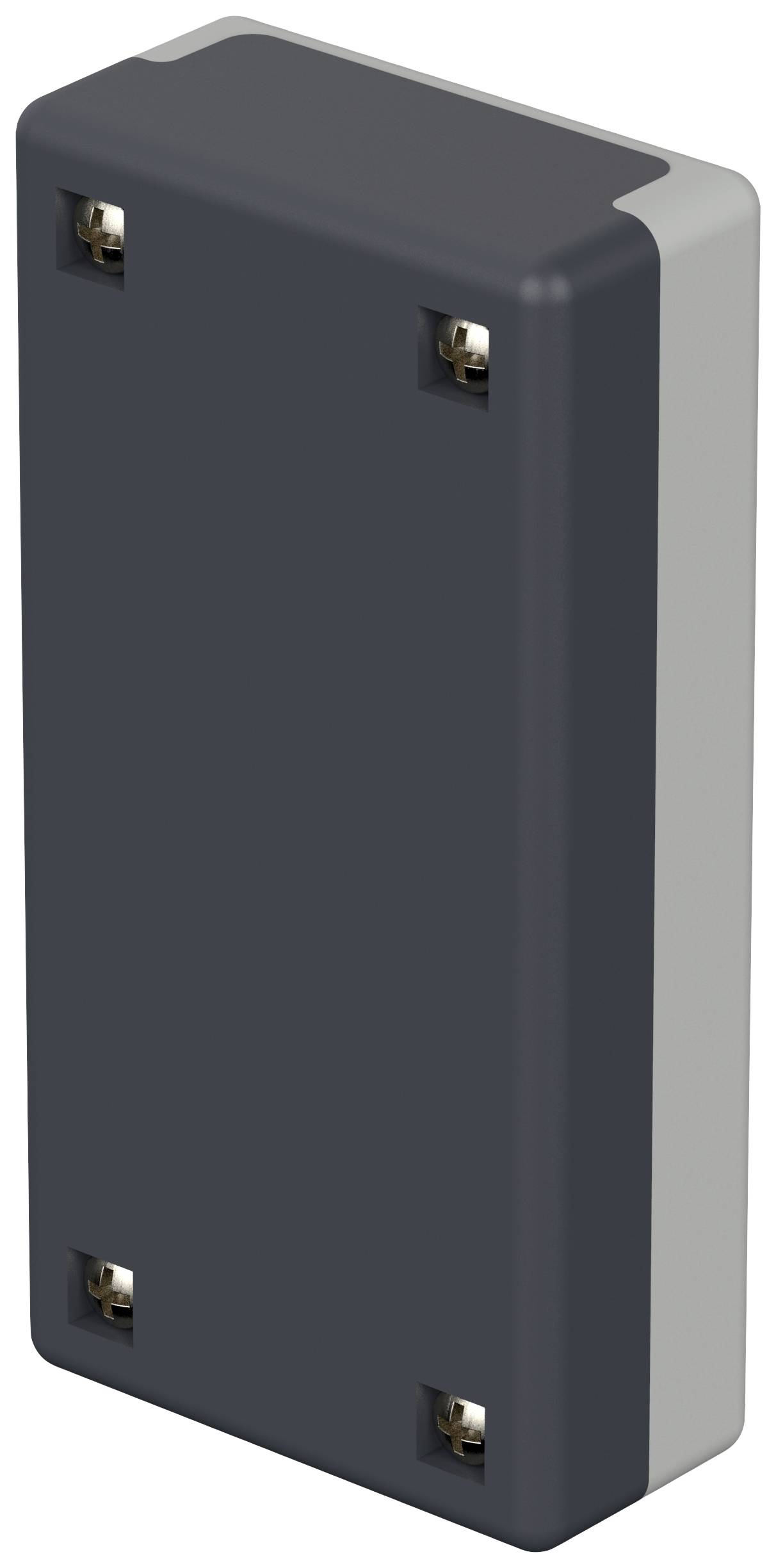 Rectangular, dark casing with rounded edges and four visible screws at the corners, with grey side accents.