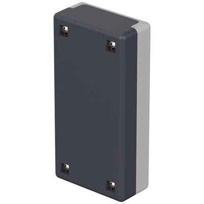 Rectangular, dark casing with rounded edges and four visible screws at the corners, with grey side accents.