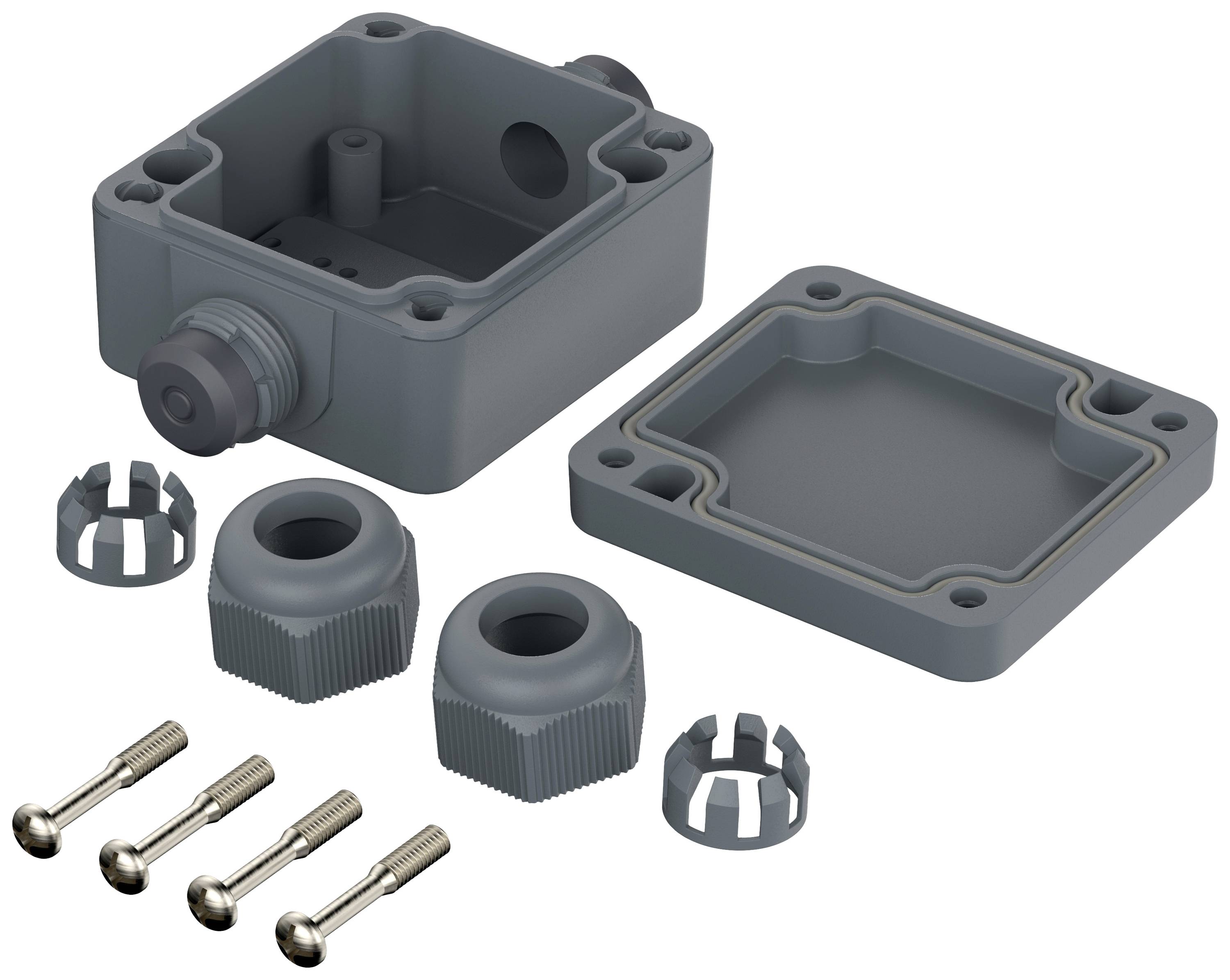 Housing set with removable lid, screws and cable glands, suitable for electrical installations.
