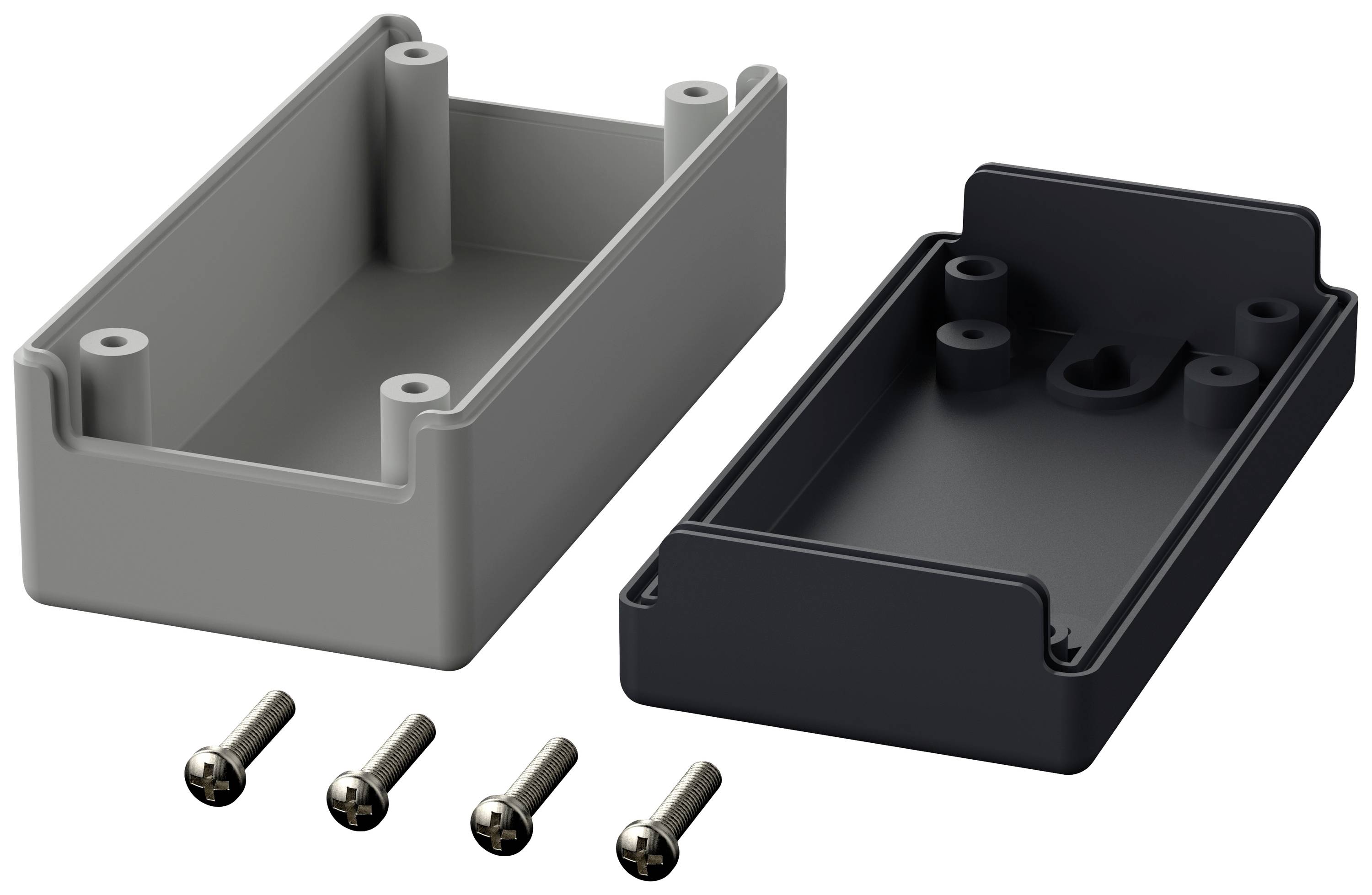 Housing complete set consisting of one grey and one black housing part, accompanied by four silver screws.