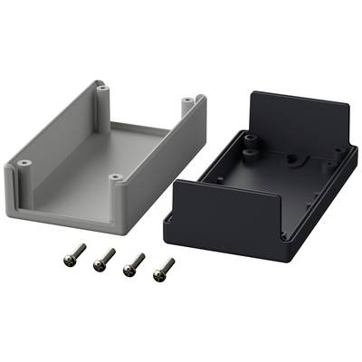 Plastic housing in grey and black, shown open. Contains four screws for securing the components.