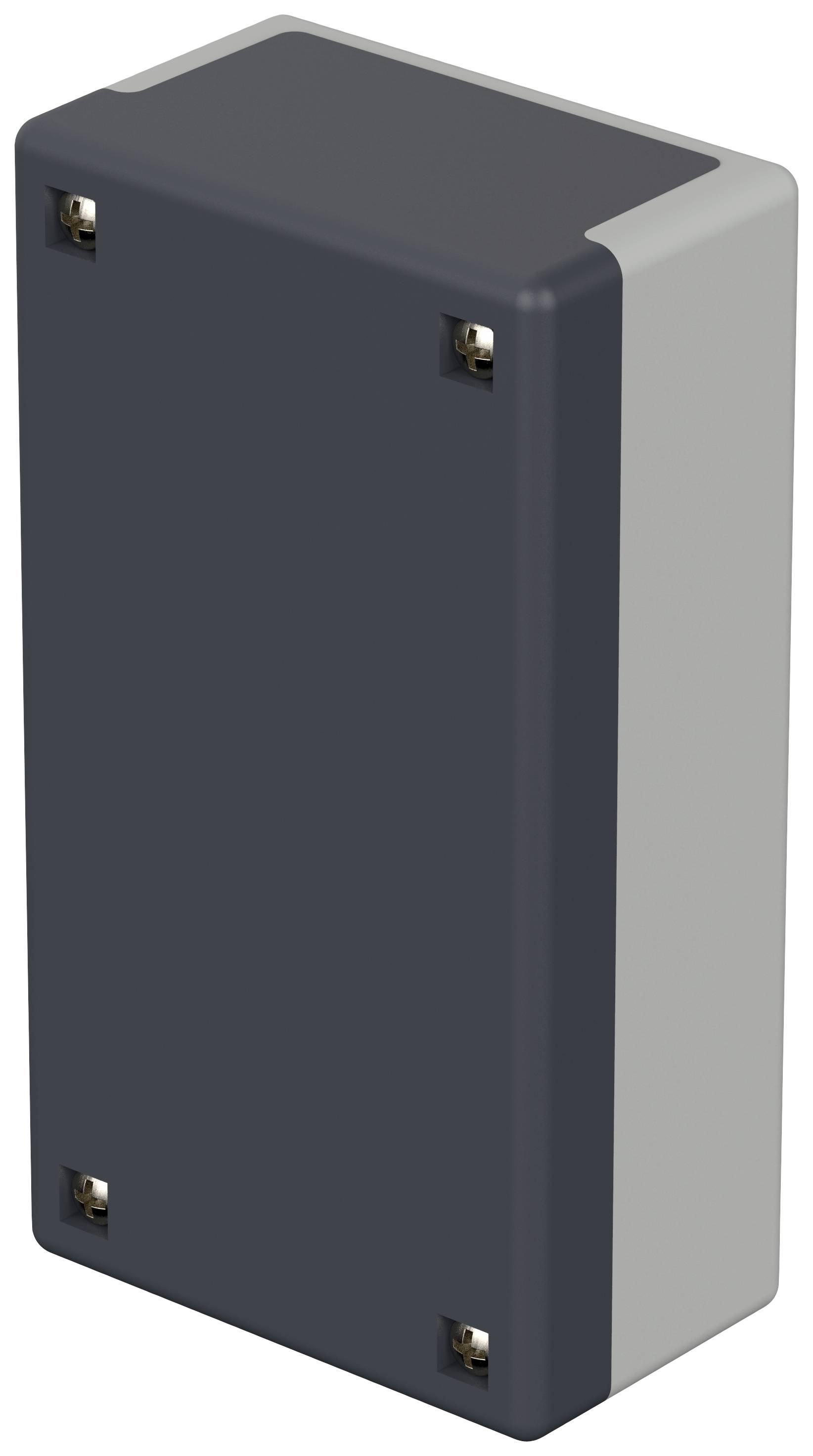 Rectangular dark grey plastic casing with a light-coloured border and visible metal screws at the corners. Suitable for electronic components.
