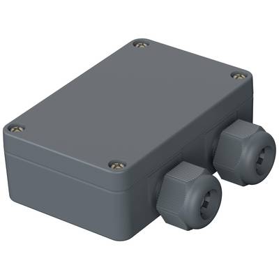 Electronics enclosure with two cable glands, rectangular shape, grey colour, for protecting electrical connections.