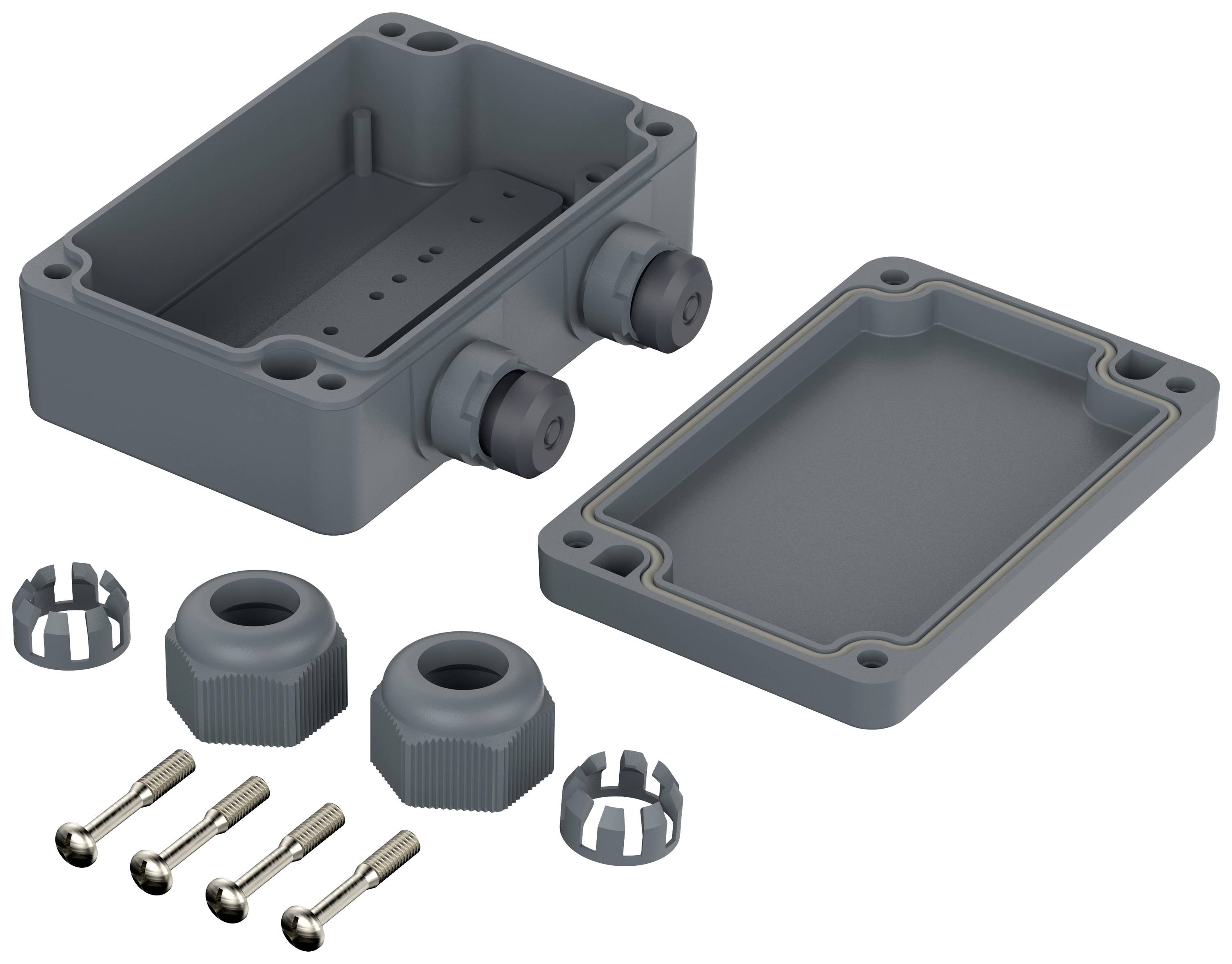 Housing kit with lid removed, two cable glands on the side, four screws, and two sealing rings.