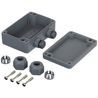 Housing kit with lid removed, two cable glands on the side, four screws, and two sealing rings.