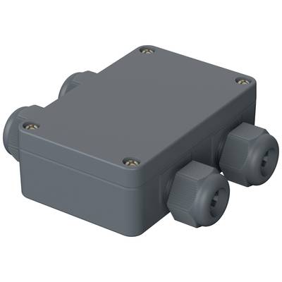 A rectangular, grey junction box with four cable glands, suitable for electrical connections in indoor and outdoor areas.
