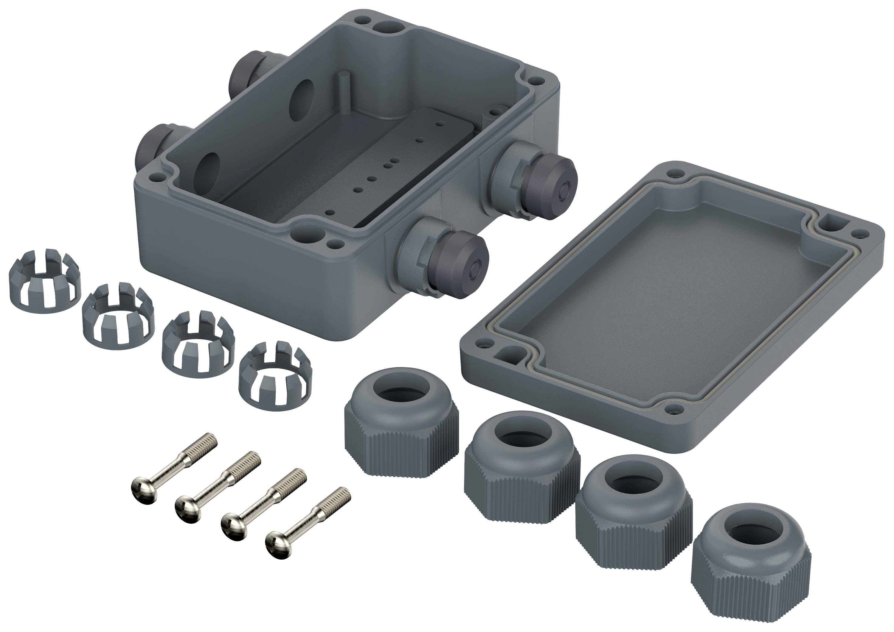 Housing parts in grey: base, lid, fastenings and loops, as well as four end pieces and four screws for assembly.