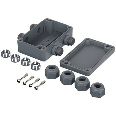 Housing parts in grey: base, lid, fastenings and loops, as well as four end pieces and four screws for assembly.