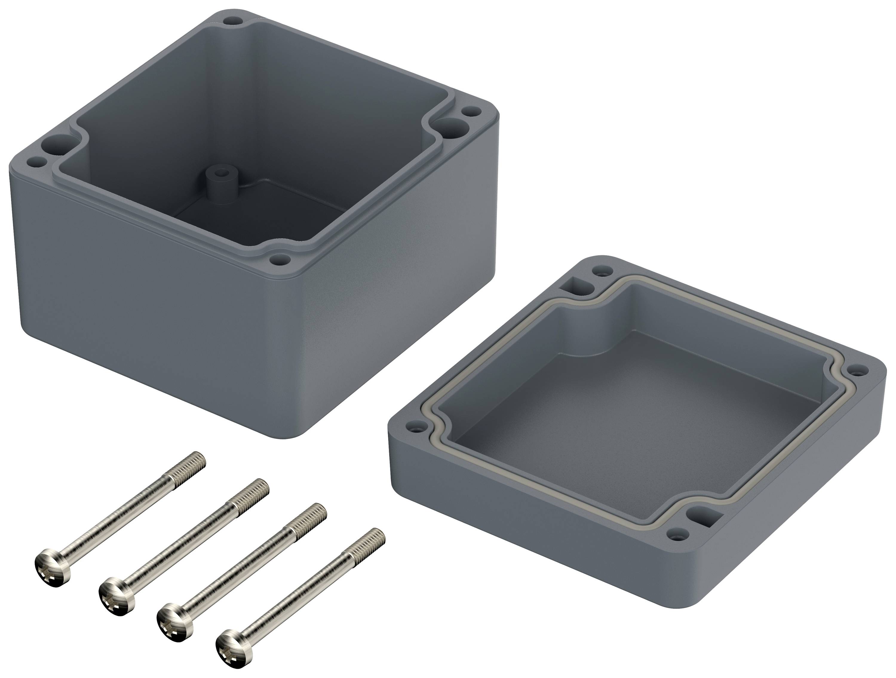 Grey rectangular plastic housing, opened and with four screws placed beside it.