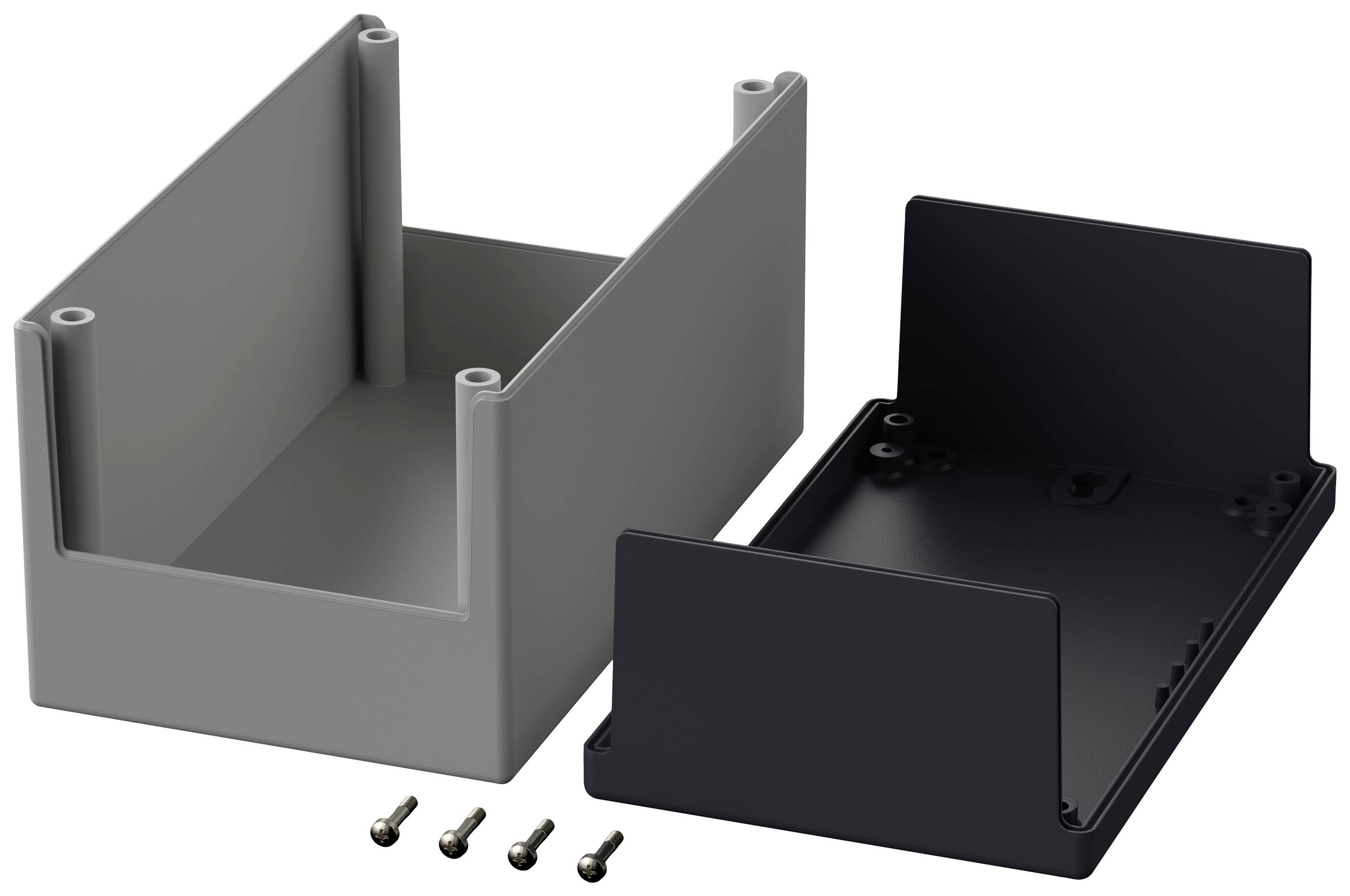 Grey and black plastic enclosure, opened next to four screws. Suitable for storing or mounting electronic components.
