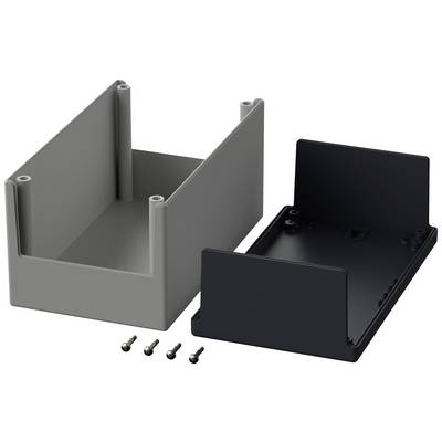 Grey and black plastic enclosure, opened next to four screws. Suitable for storing or mounting electronic components.