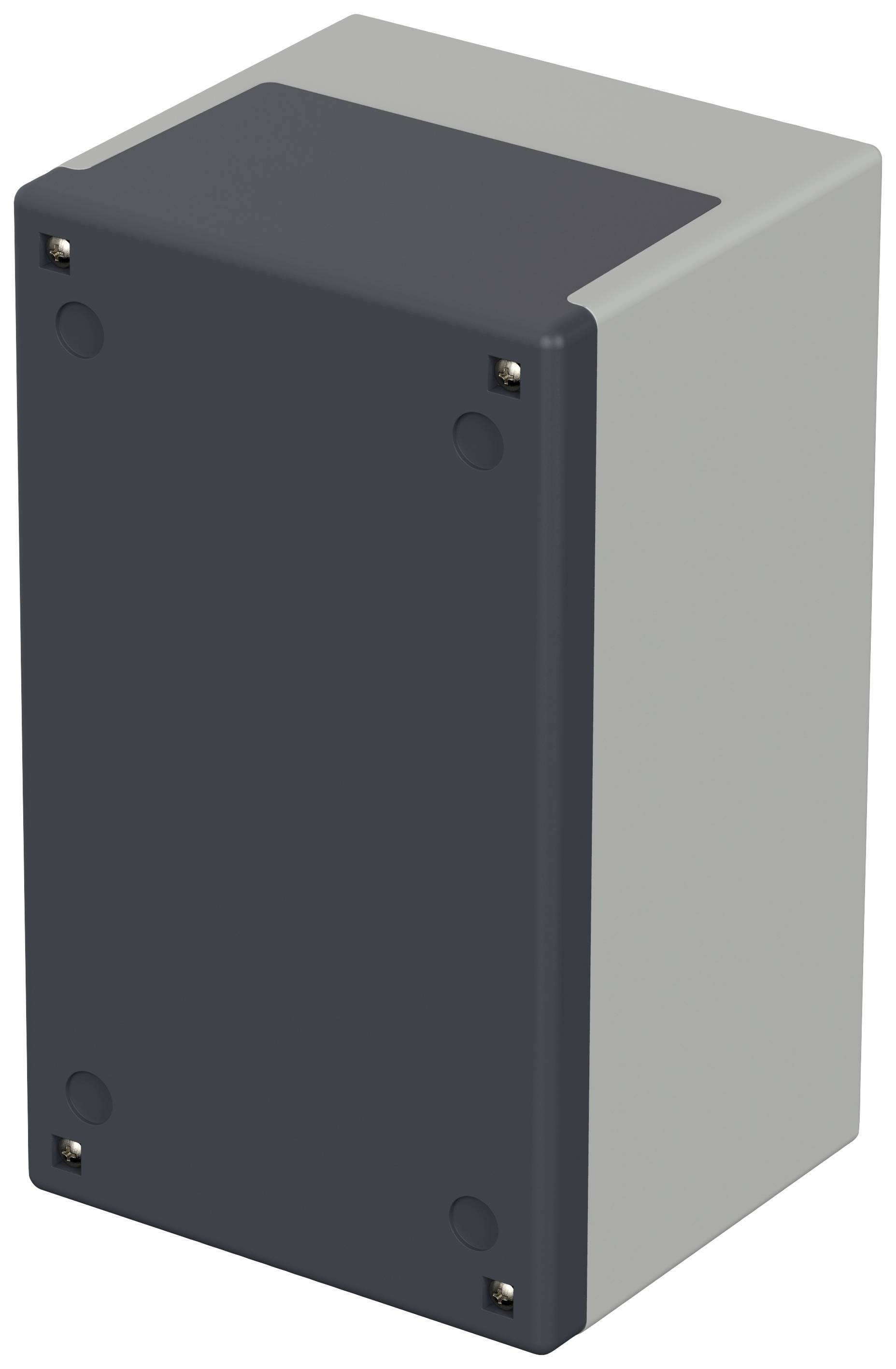 Electronic enclosure made of plastic with a grey front panel and four visible screws at the corners.