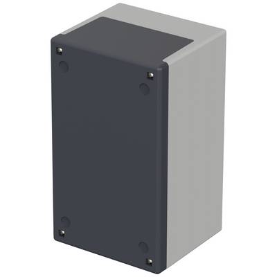 Electronic enclosure made of plastic with a grey front panel and four visible screws at the corners.