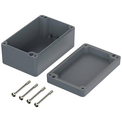 Grey plastic housing in two parts with four silver screws. Door is removed, interior visible. Suitable for electronics.