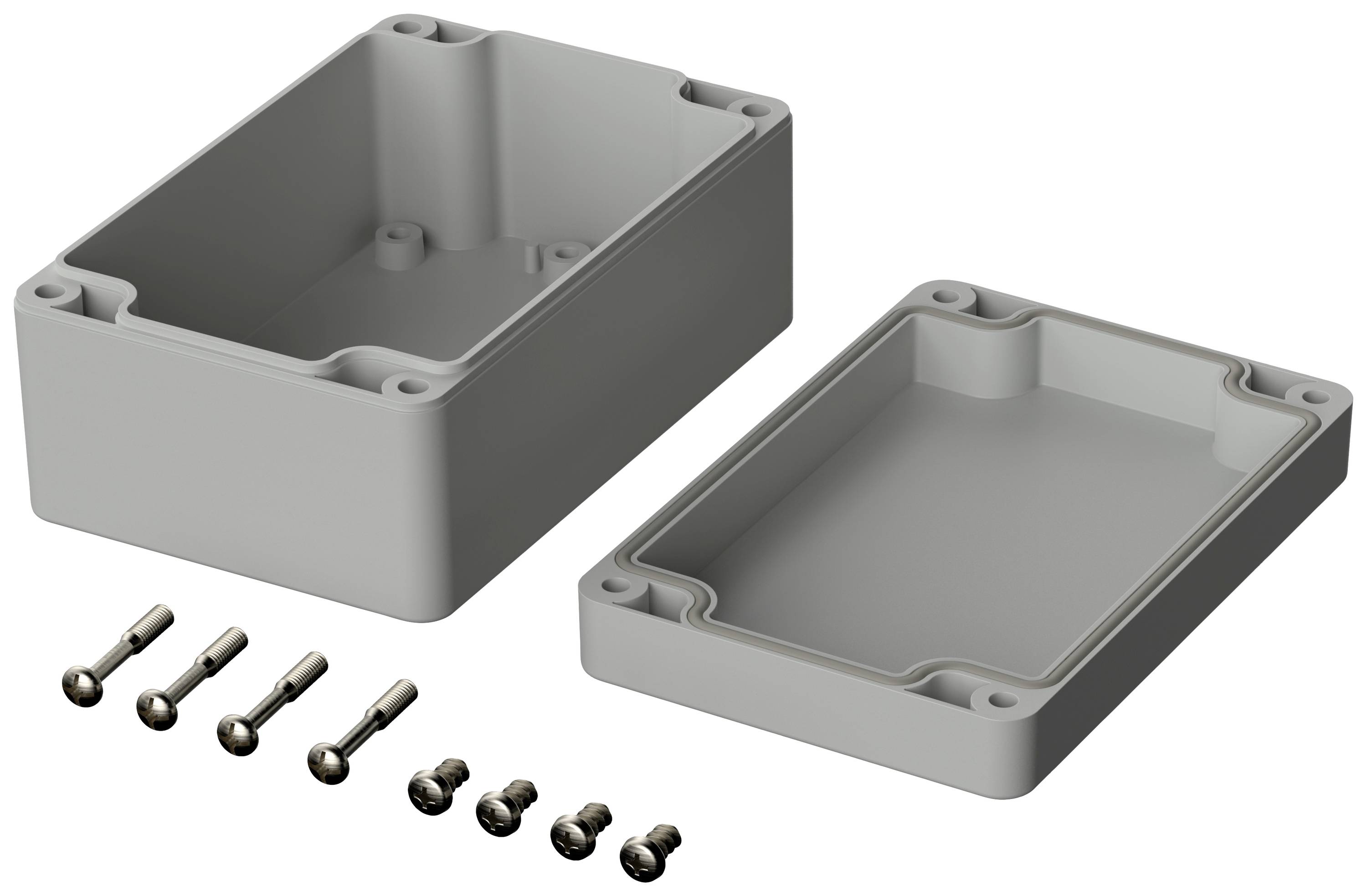 Housing made of grey plastic, shown opened. Contains four screws and covers for assembly. Mechanically interlockable parts.