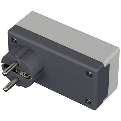 A grey and black adapter with two round plug pins. Suitable for European plug sockets, rectangular in shape.