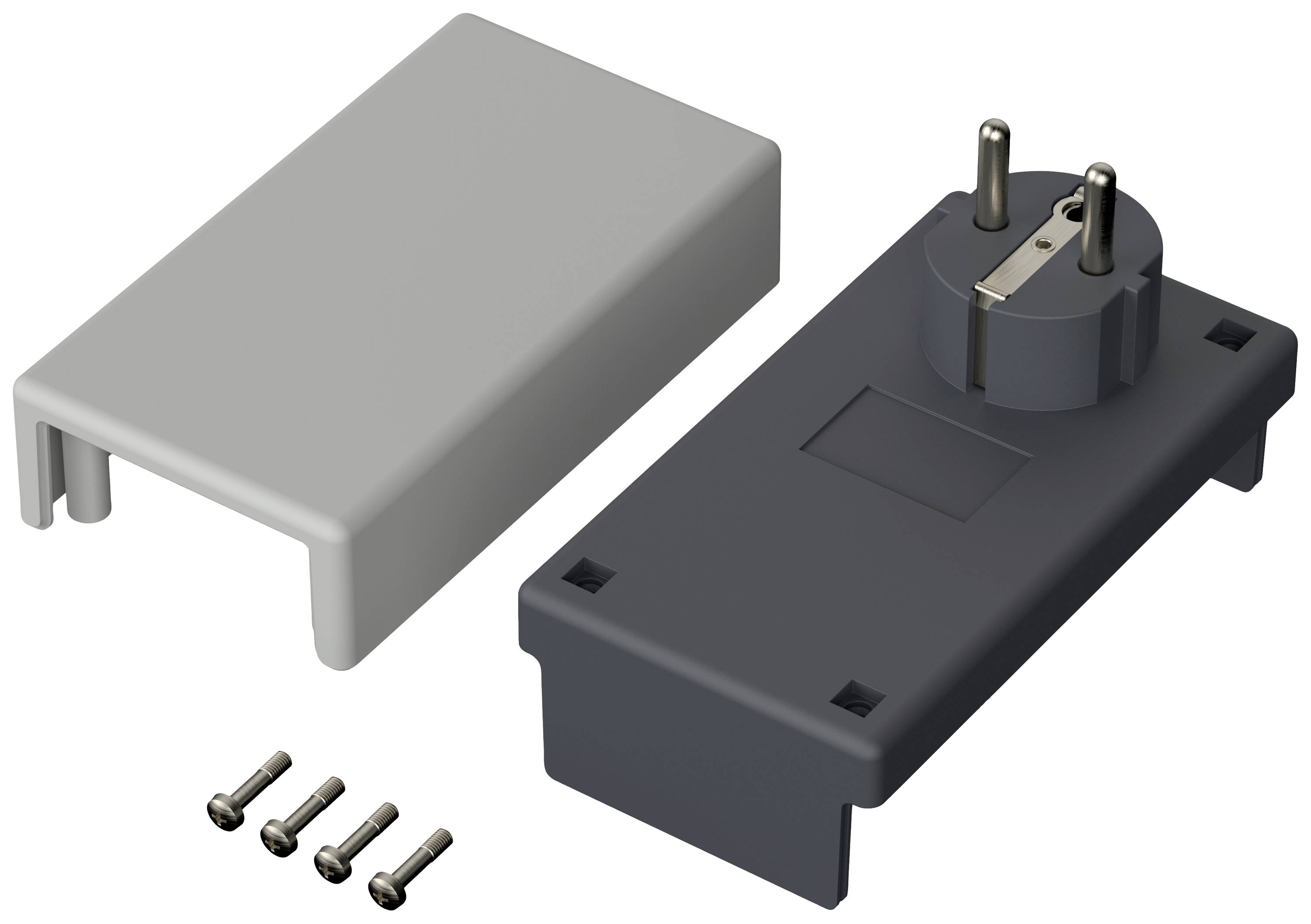 Two-part adapter with a pluggable plug and a removable grey cover. Four screws are placed beside it.