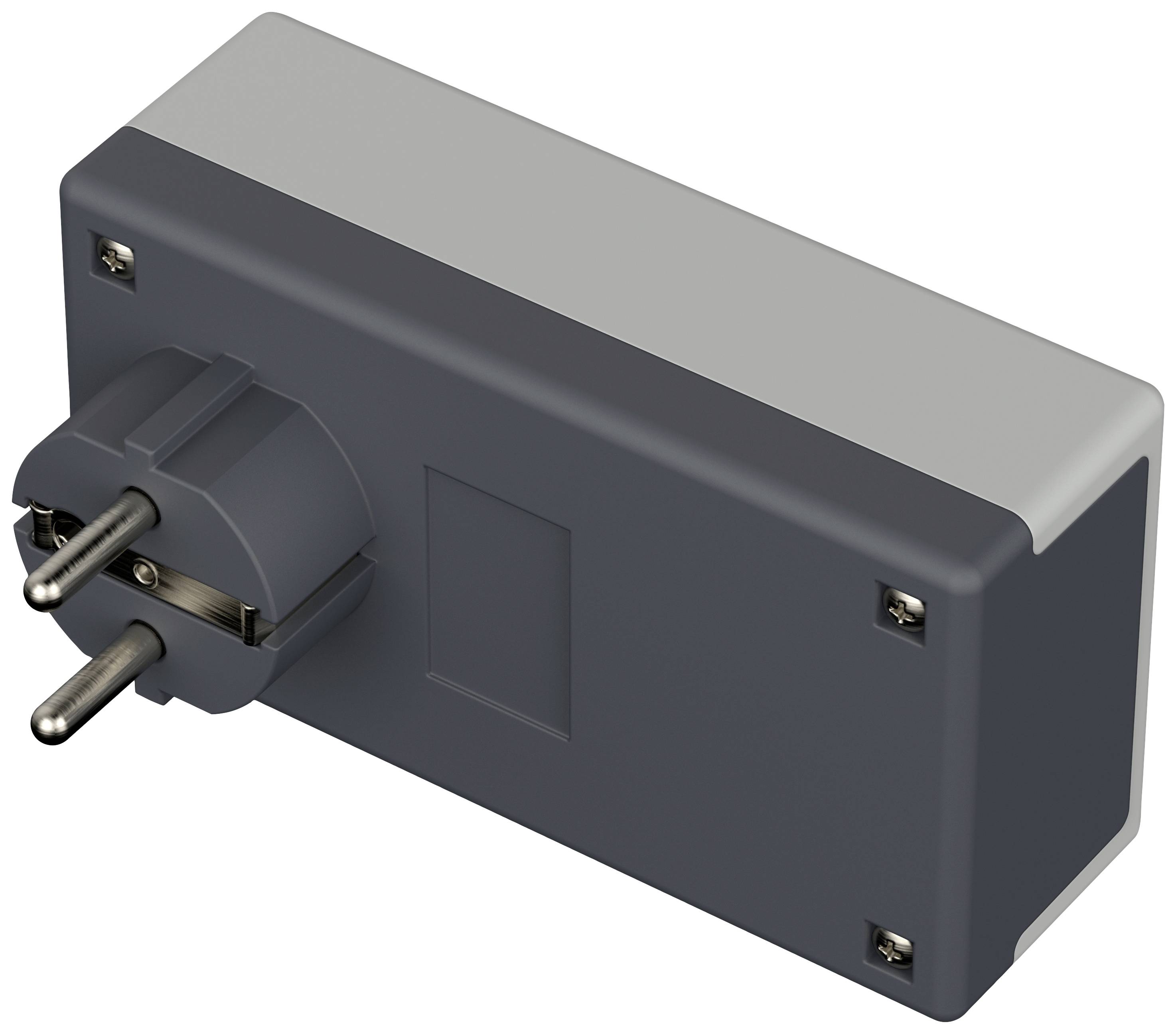 Black rectangular adaptor plug with European socket design and metal pins.