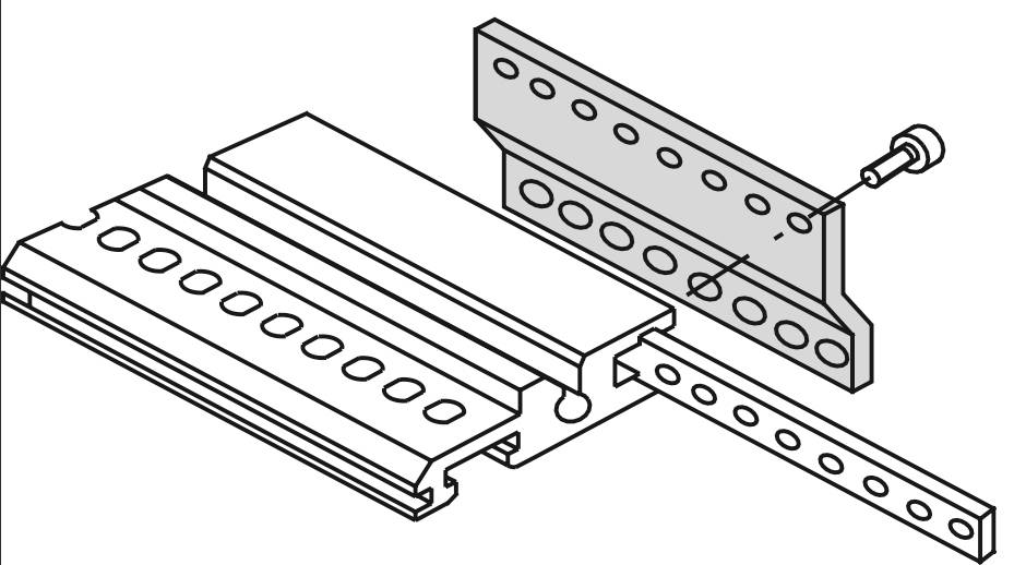 Technical drawing of a machine component, consisting of a rail, a carriage with holes, and a screw for fastening.