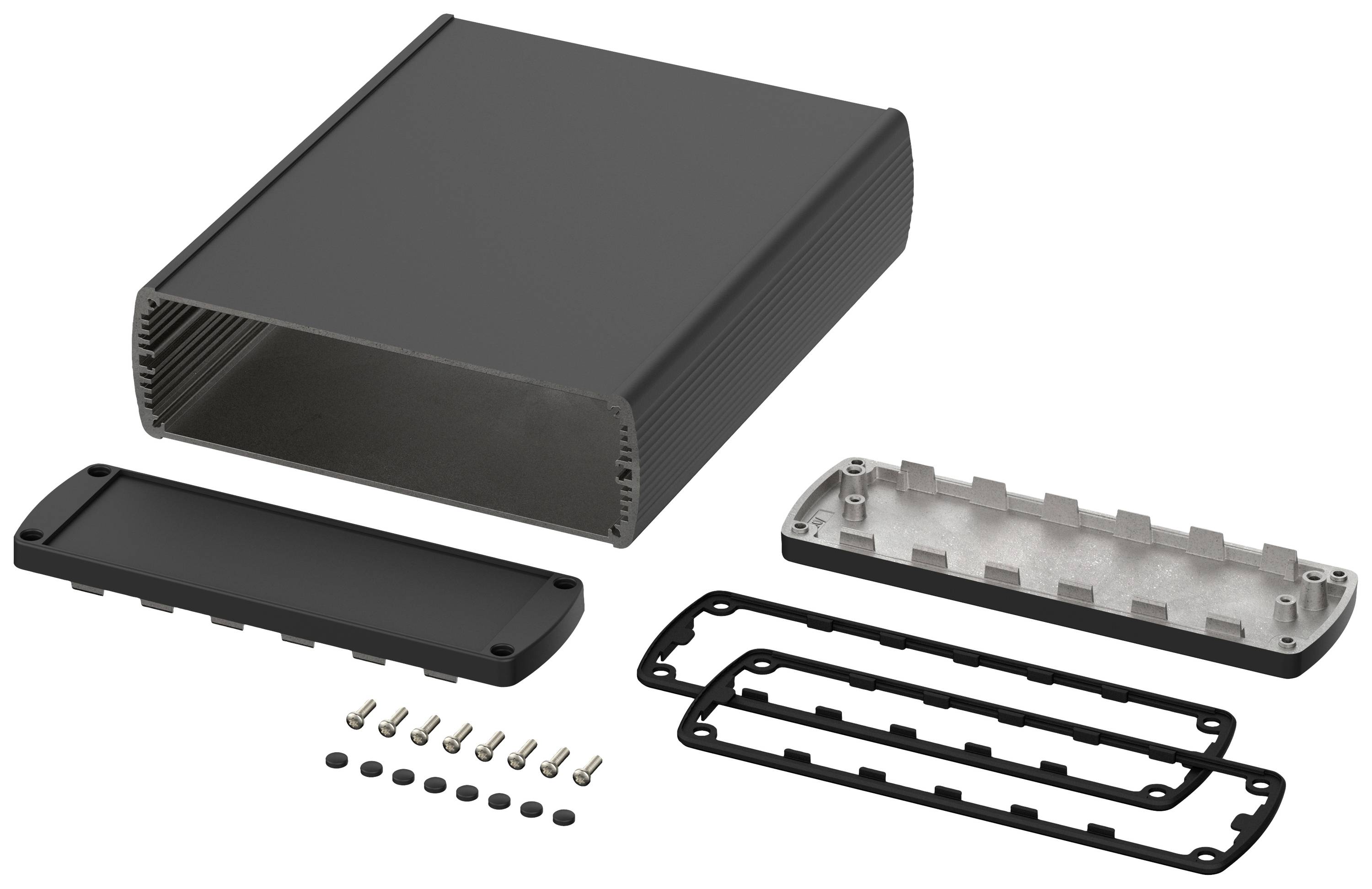 A black, rectangular metal electronics enclosure, dismantled into individual components: main body, two covers, screws, and seals.