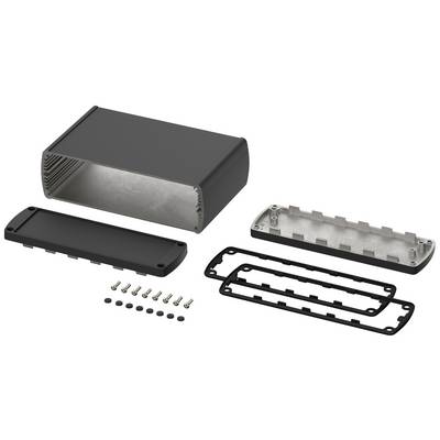 Black rectangular aluminium enclosure in individual parts: main body, covers, sealing gaskets and screws; ready for assembly.