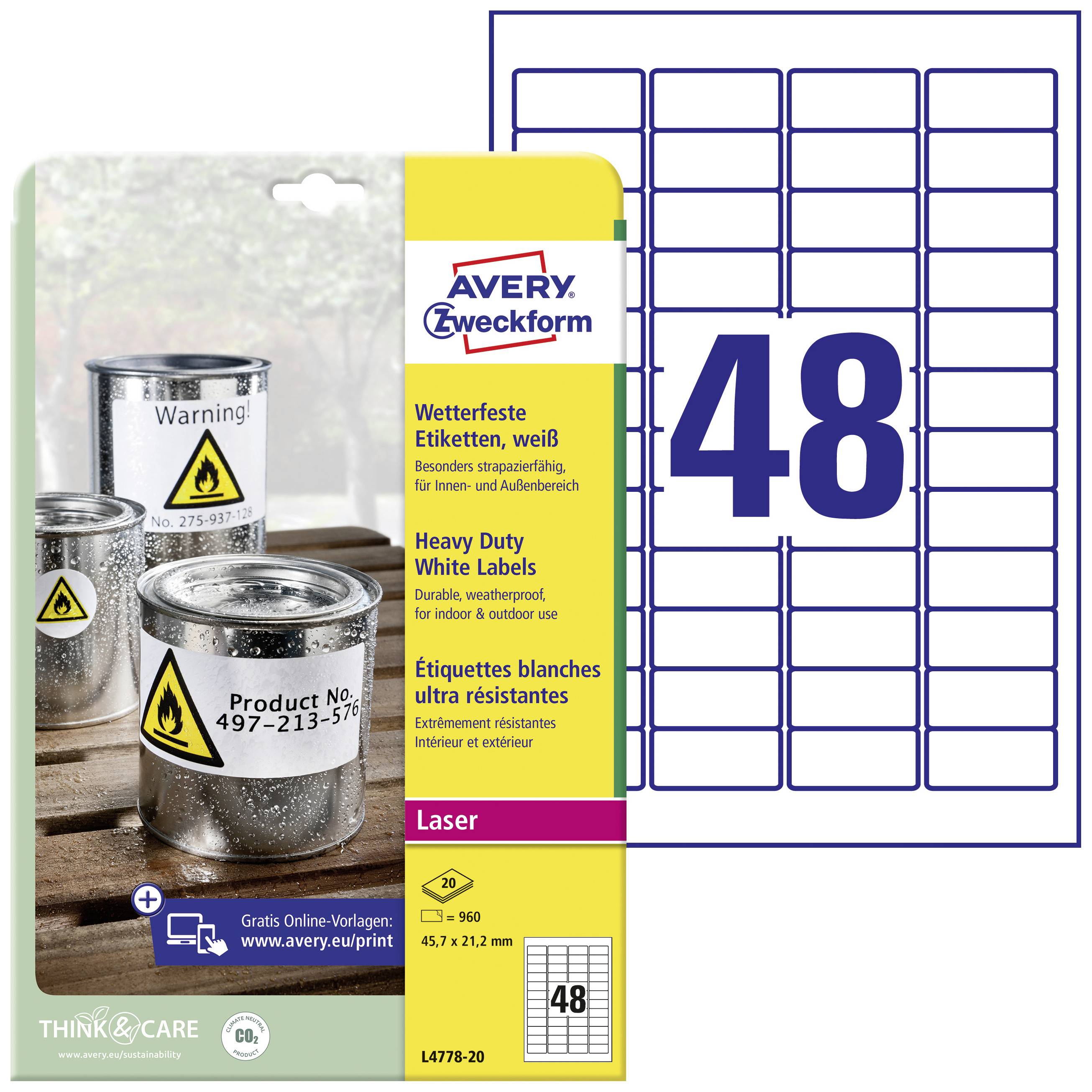 Avery-Zweckform L4778-20 Label film 45.7 x 21.2 mm Polyester film White 960 pc(s) Permanent adhesive Laser, colour, Laser printer, Colour copier, Copier,