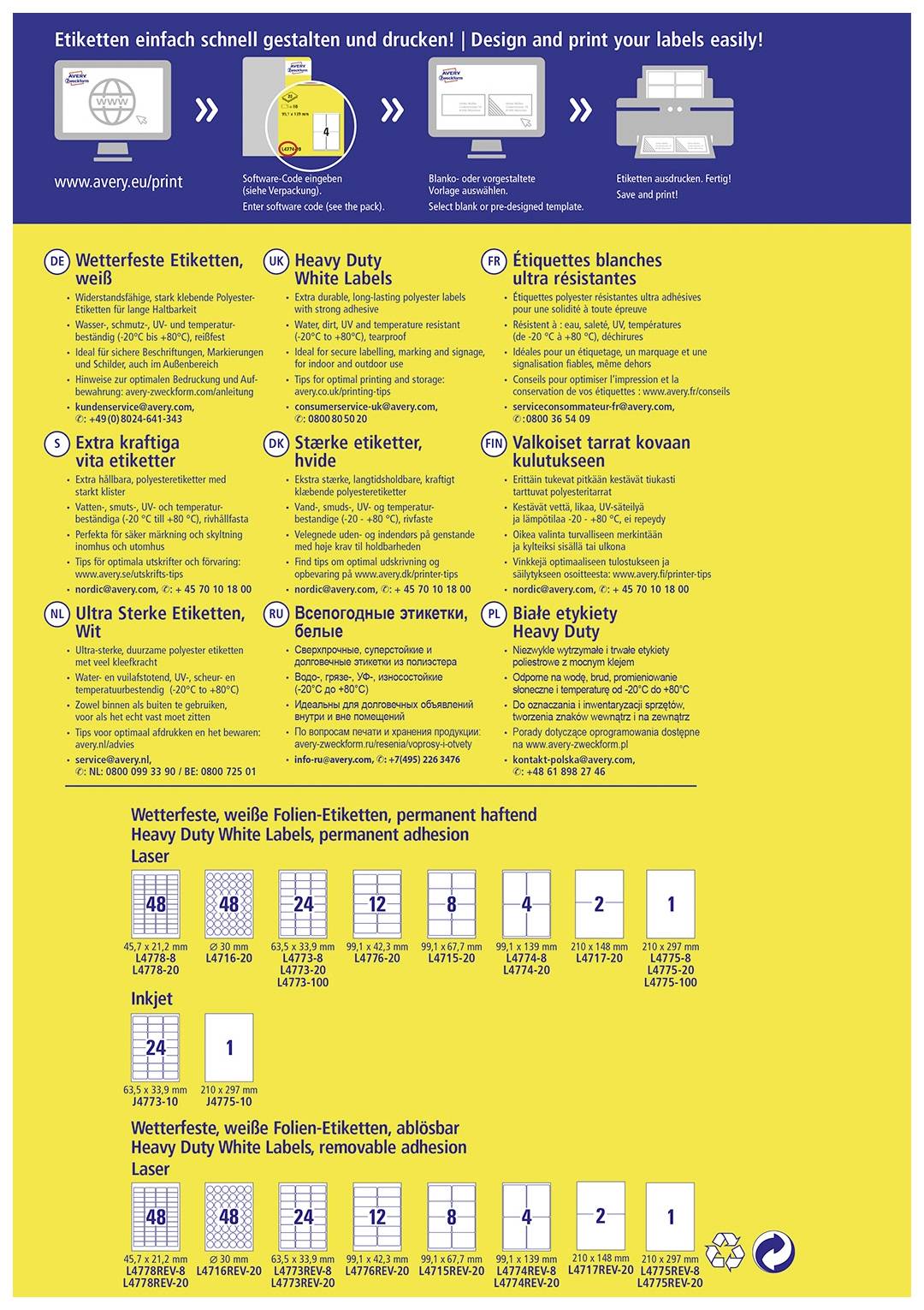 'Design and Print Labels Quickly and Easily.' Guide to Selecting and Using Weather-Resistant, Durable Labels. Table Shows Label Sizes and Printing Applications.