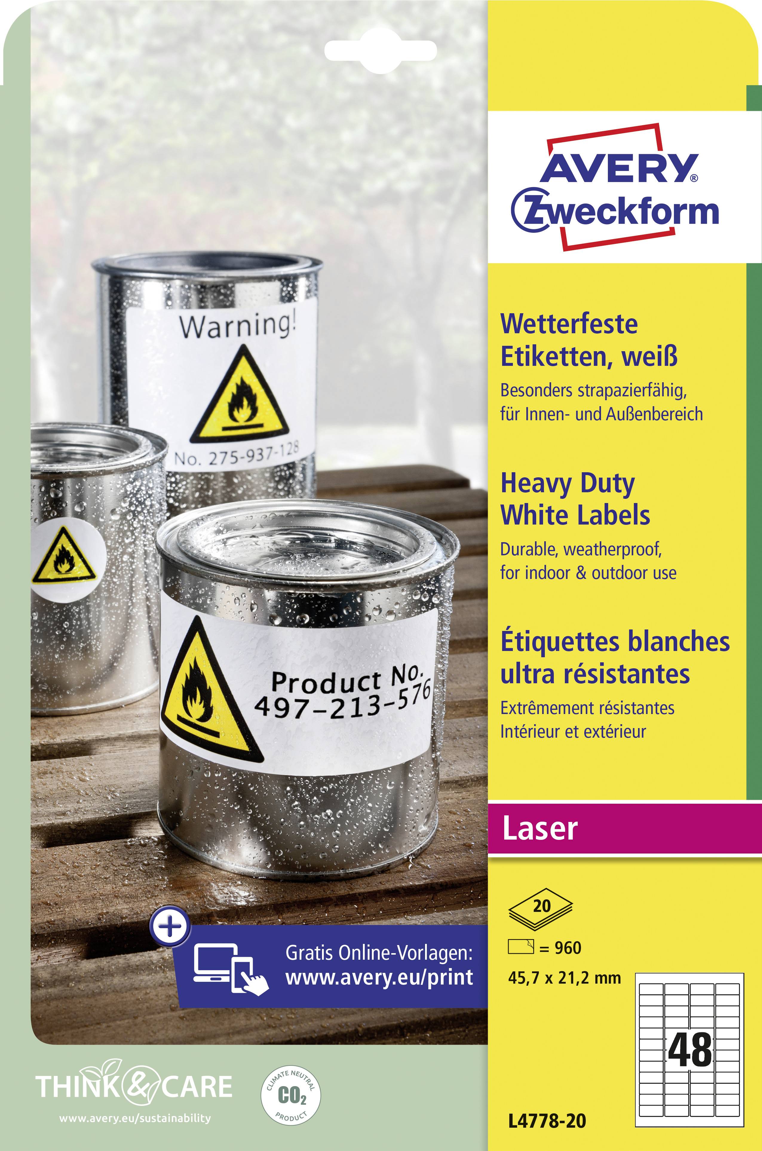 'Three silver paint containers with warning symbols and product information. Text indicates weather resistance of Avery Zweckform labels, 48 pieces per pack.'