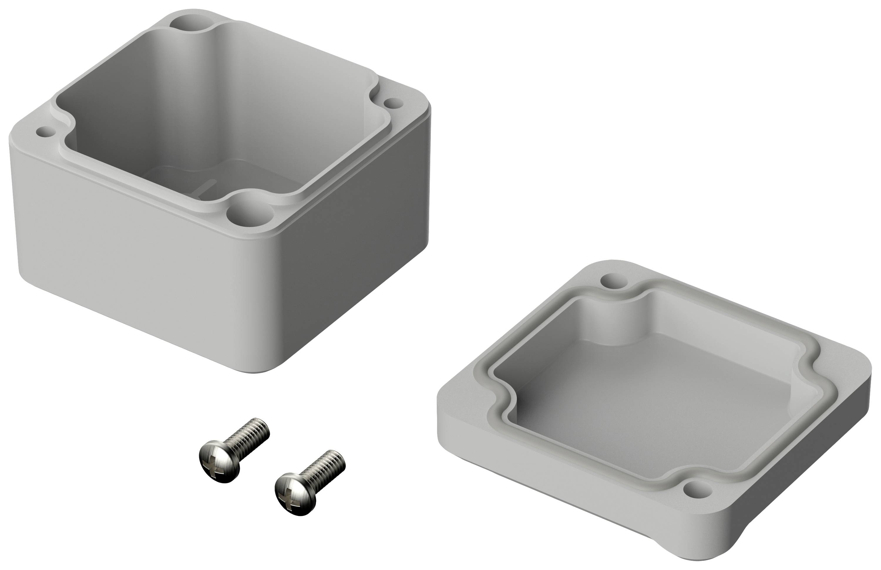 Housing and lid made of plastic, square, with two screws.
