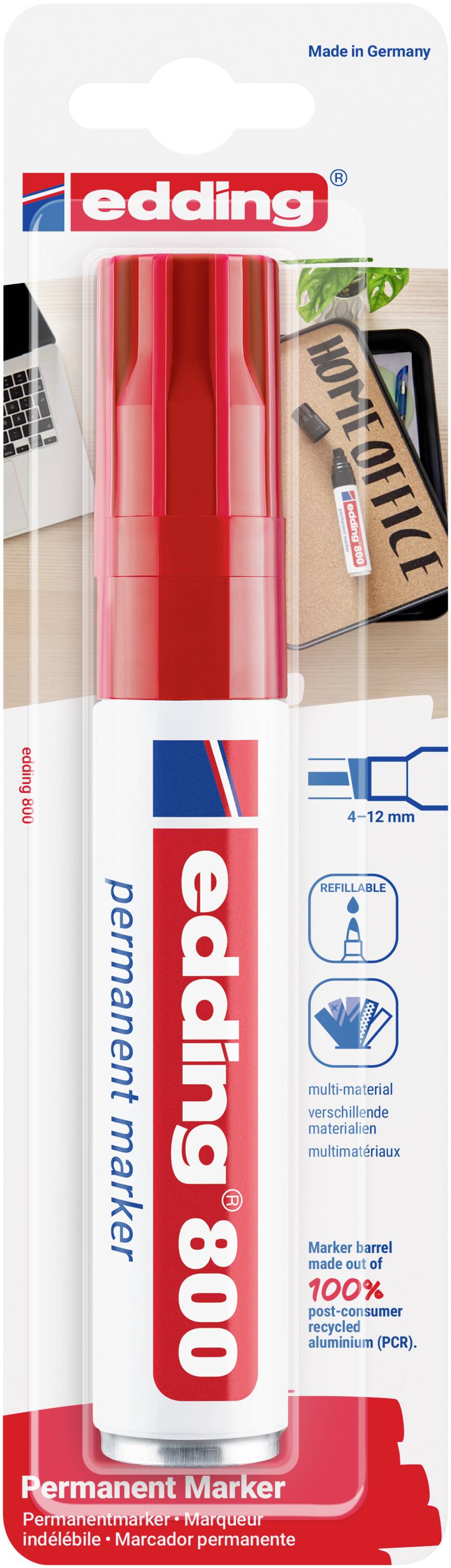 Packaging for an edding 800 permanent marker in red, showing the marker, 'Made in Germany', 4-12 mm chisel tip, refillable and waterproof.