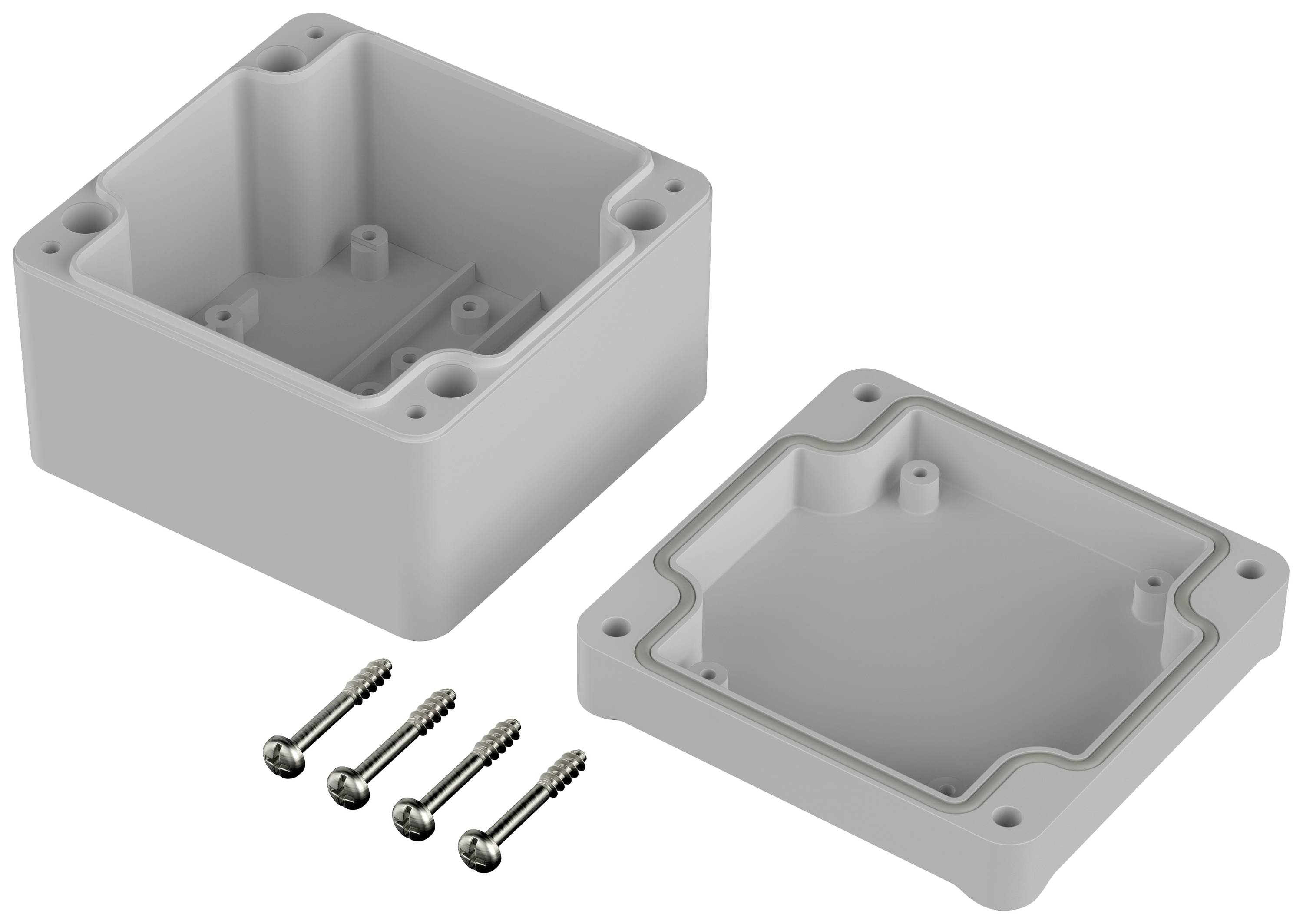Housing made of grey plastic with a removable lid and four screws. Used for securely covering electrical components.