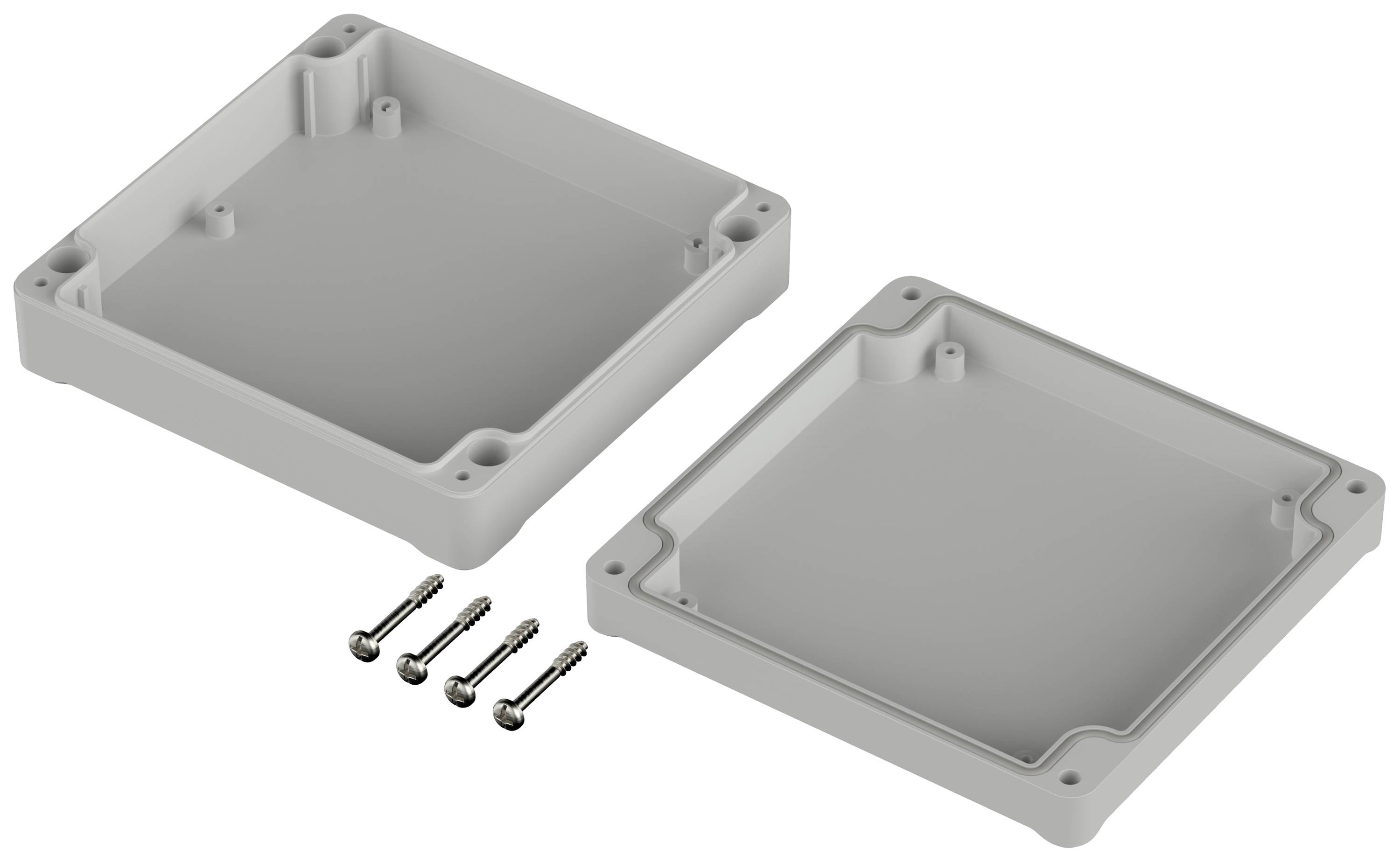 Two grey, square plastic covers with four screws, ready for mounting.