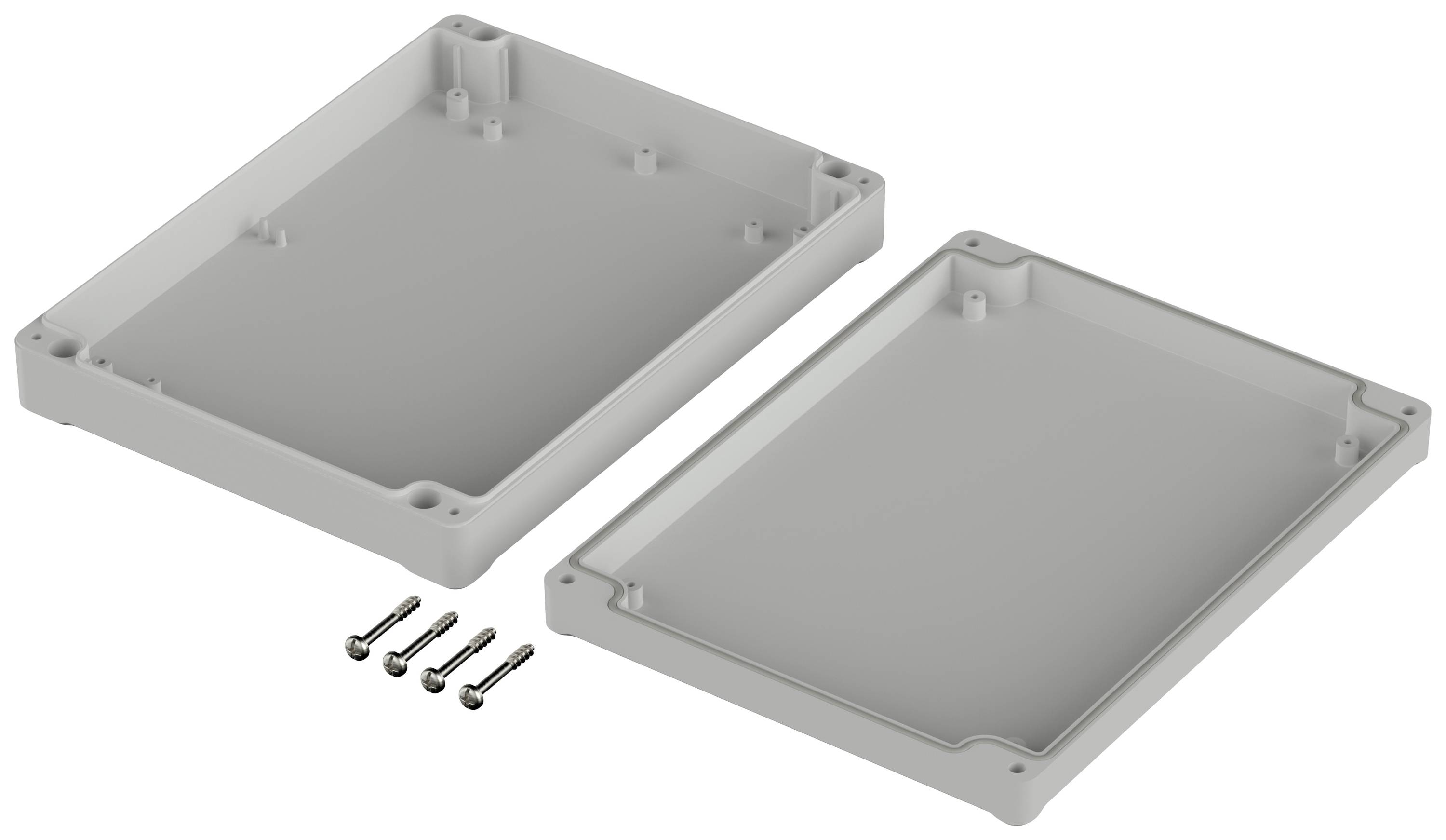 Housing for electronics with a removable cover and four mounting screws. Rectangular shape with rounded corners.