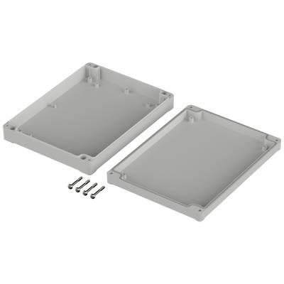 Housing for electronics with a removable cover and four mounting screws. Rectangular shape with rounded corners.