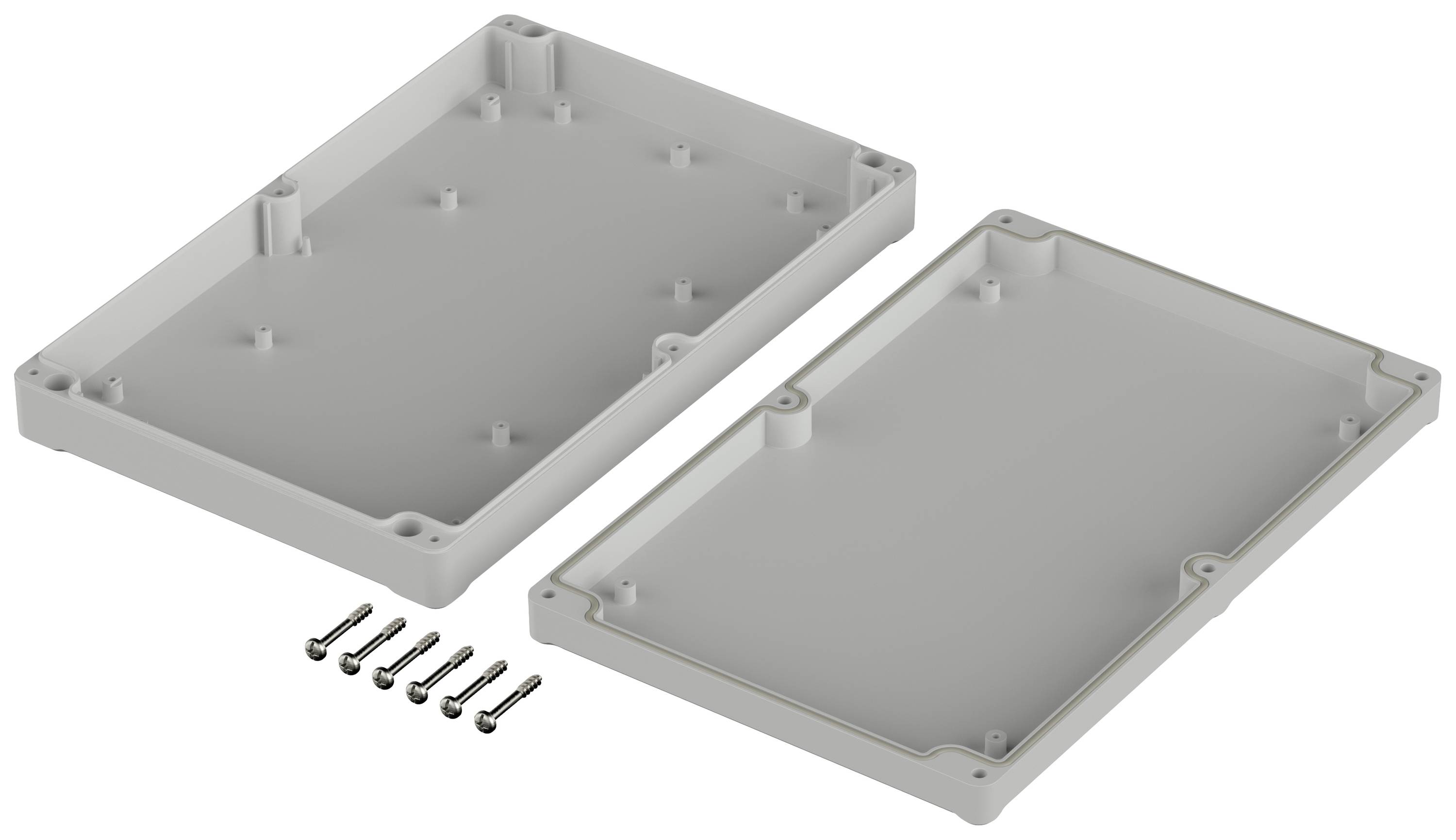 Housing top and bottom parts made of plastic with six screws for assembly.