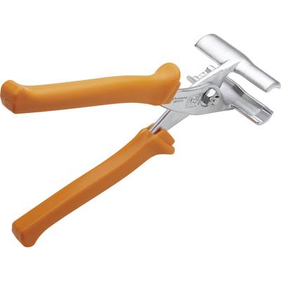 An orange barbecue tongs with a silver head, used for gripping and holding hot items when grilling or cooking.