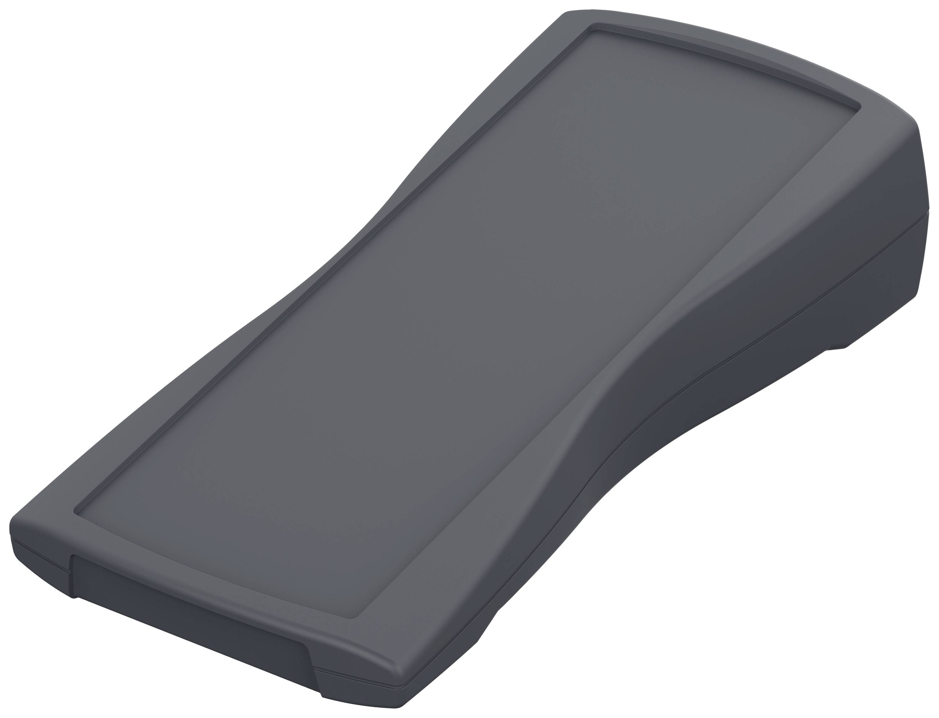 A flat, elongated, darker device with a slightly curved body; possibly a handheld device or a remote control.