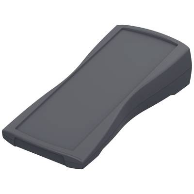 A flat, elongated, darker device with a slightly curved body; possibly a handheld device or a remote control.