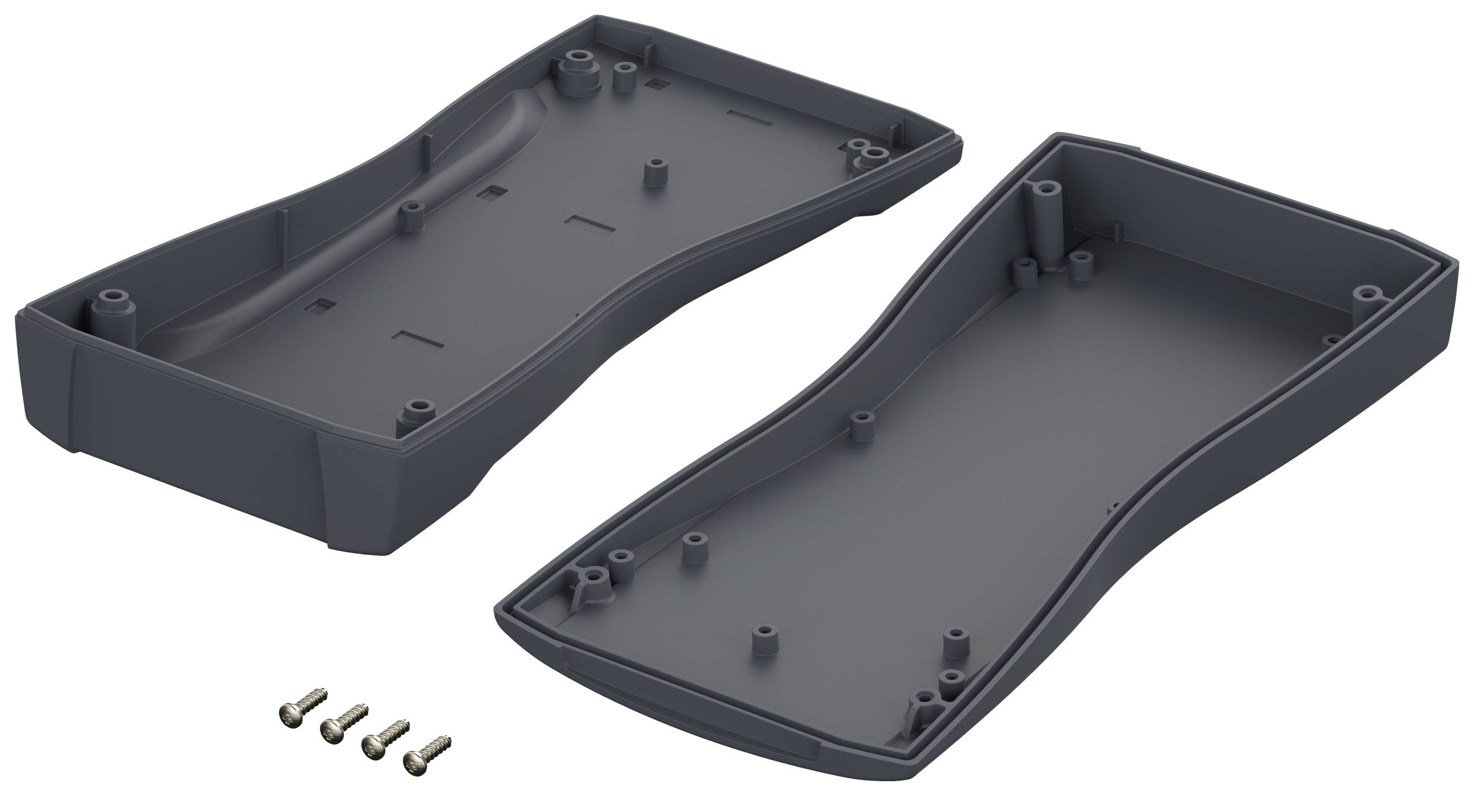 Housing components in dark grey, consisting of two halves, shown with four screws. Suitable for electronic devices.