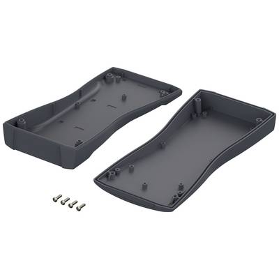 Housing components in dark grey, consisting of two halves, shown with four screws. Suitable for electronic devices.