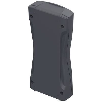 A dark grey plastic enclosure, rectangular with rounded edges, shows four visible screw holes for mounting.