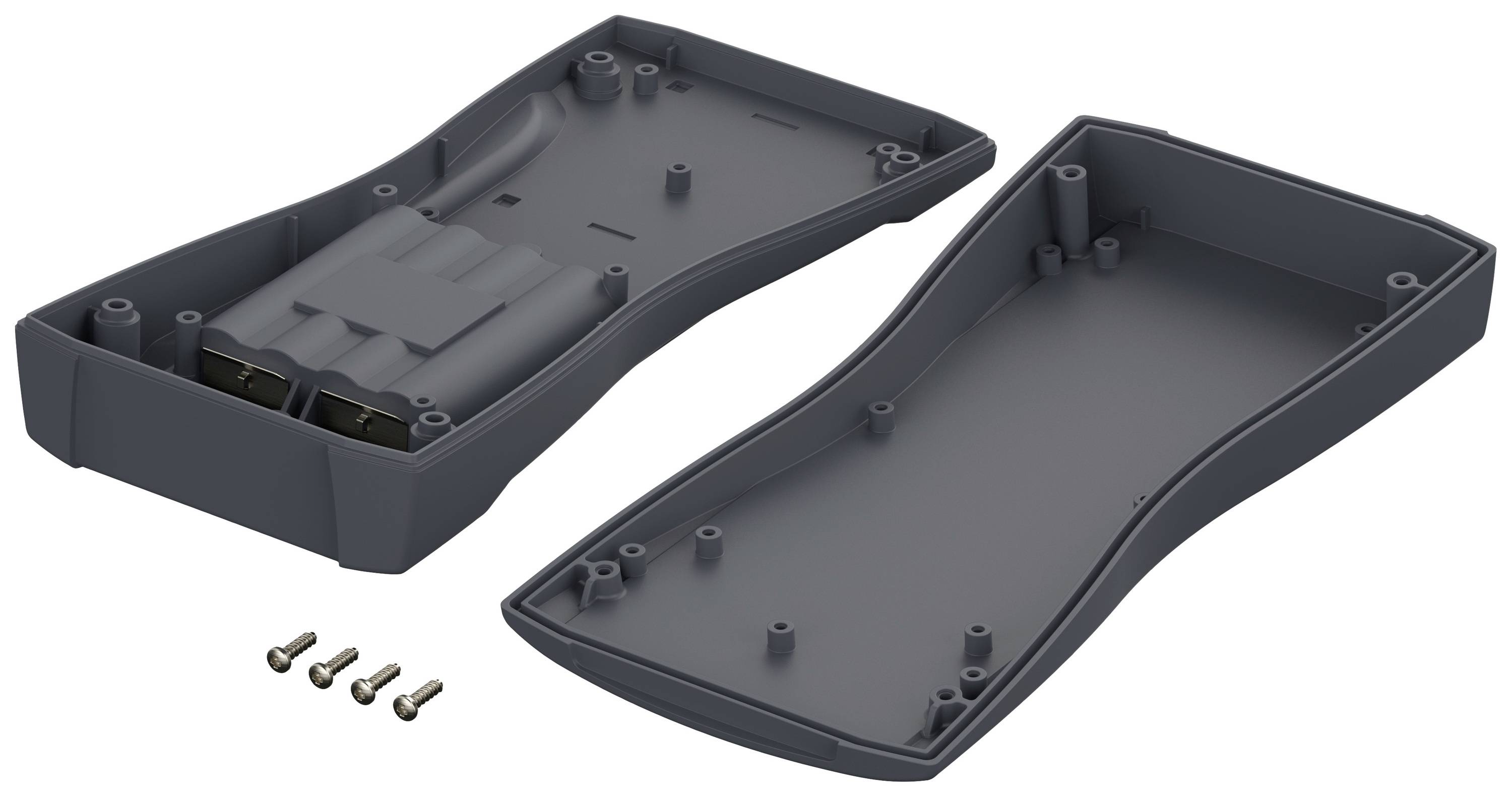 Housing of a device in two parts, secured with four screws. Square, convex design, likely intended for electronic components.