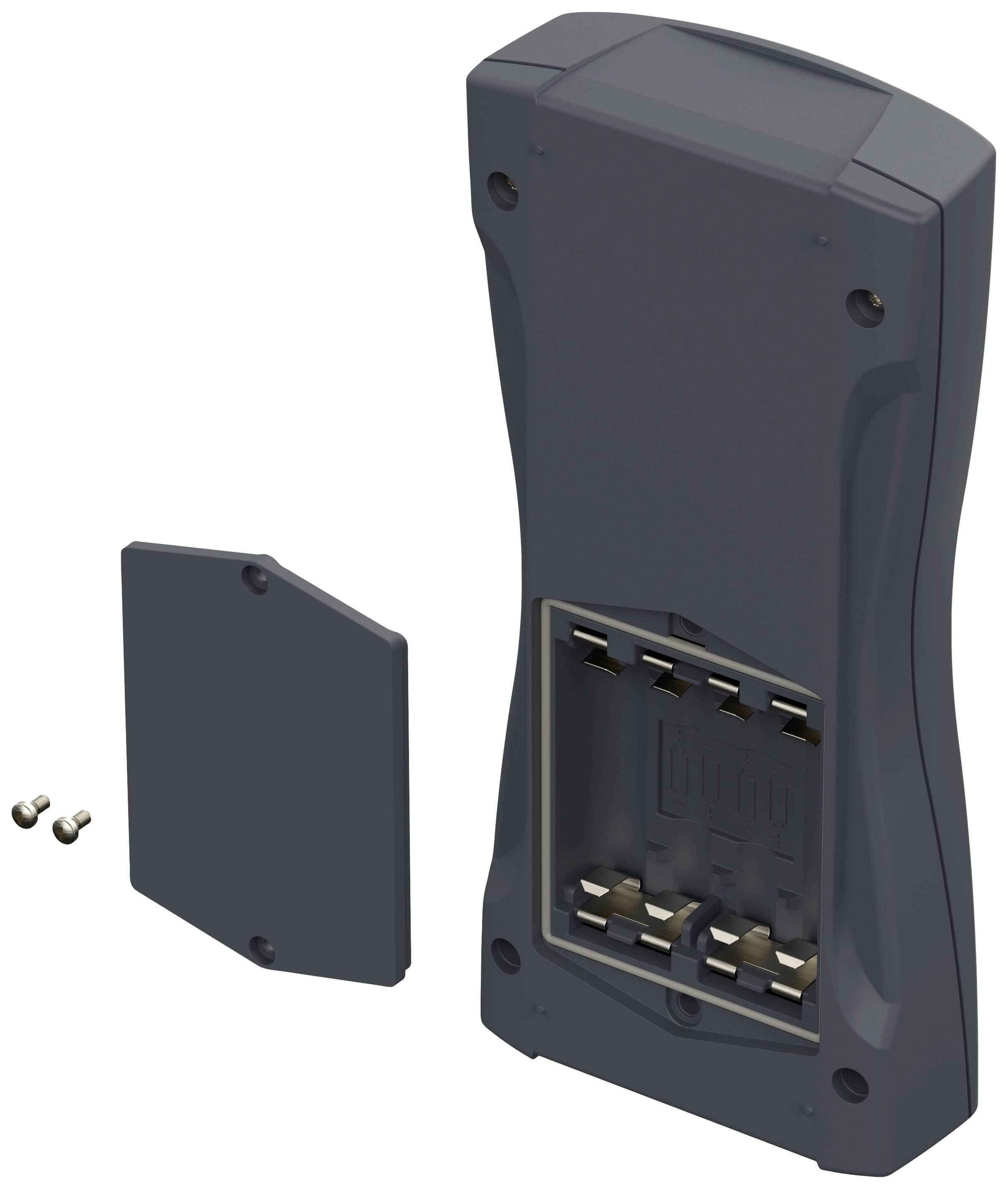 Opened rear section of an electronic device showing the battery compartment. Beside it is a cover flap and two screws.