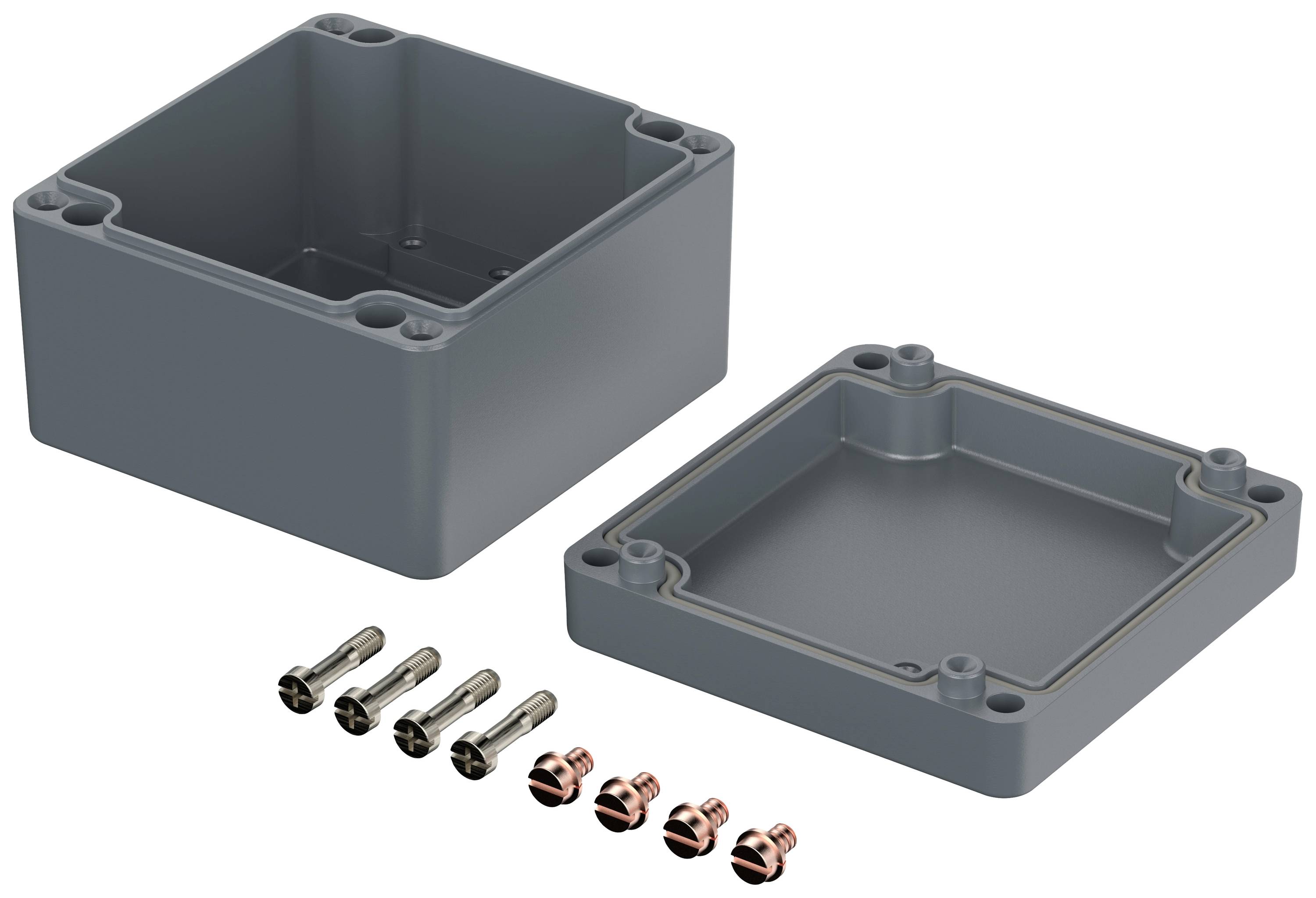 Grey, square plastic box in two parts: a deep base section and a shallow lid. Mounting screws are placed beside it.