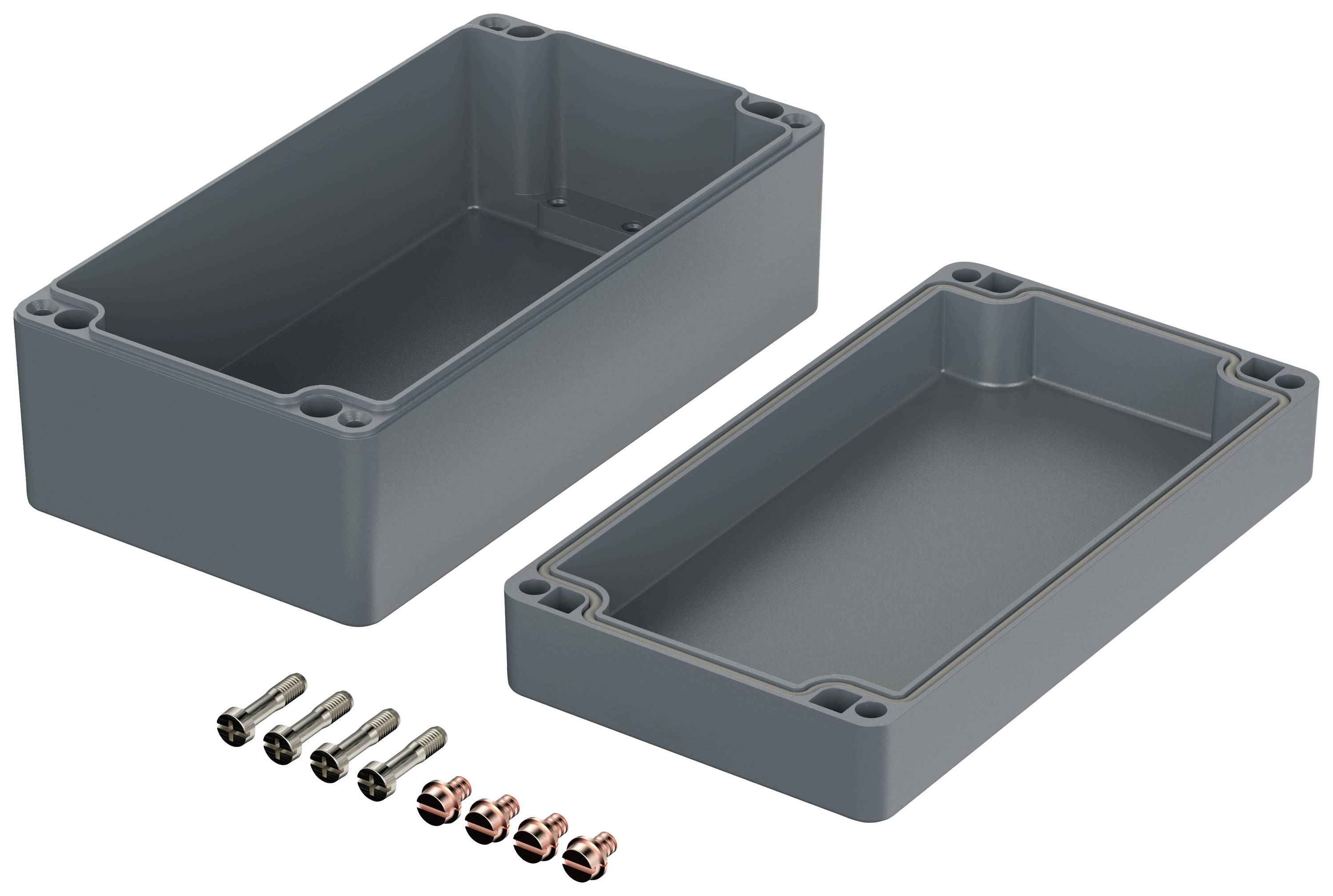 Two grey plastic enclosures with removable lid, suitable for electronic projects. Six mounting screws are included.