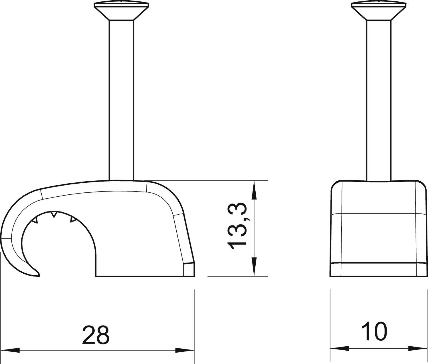 Technical drawing of two tools with dimensions: Left 28x13.3 cm, right 10 cm wide. Shows side and front views.