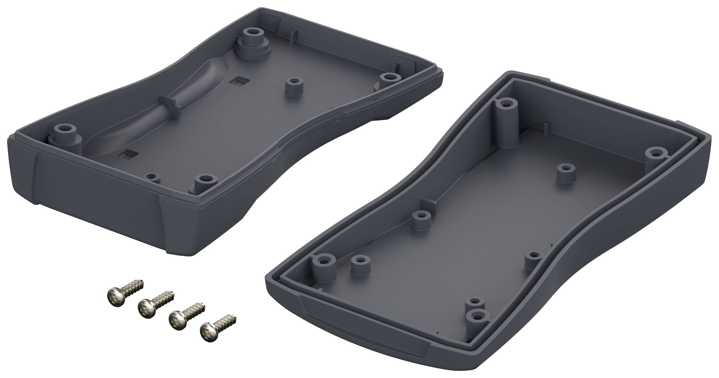 Two-piece black plastic cover with four screws, suitable for an electronic handheld device. Used for housing assembly.