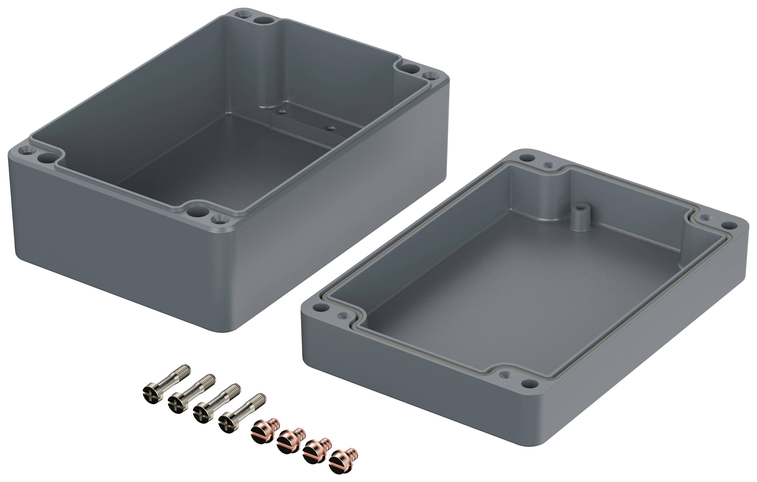 A grey, rectangular plastic enclosure in two parts with screws and nuts. Ideal for electronic projects or wiring.
