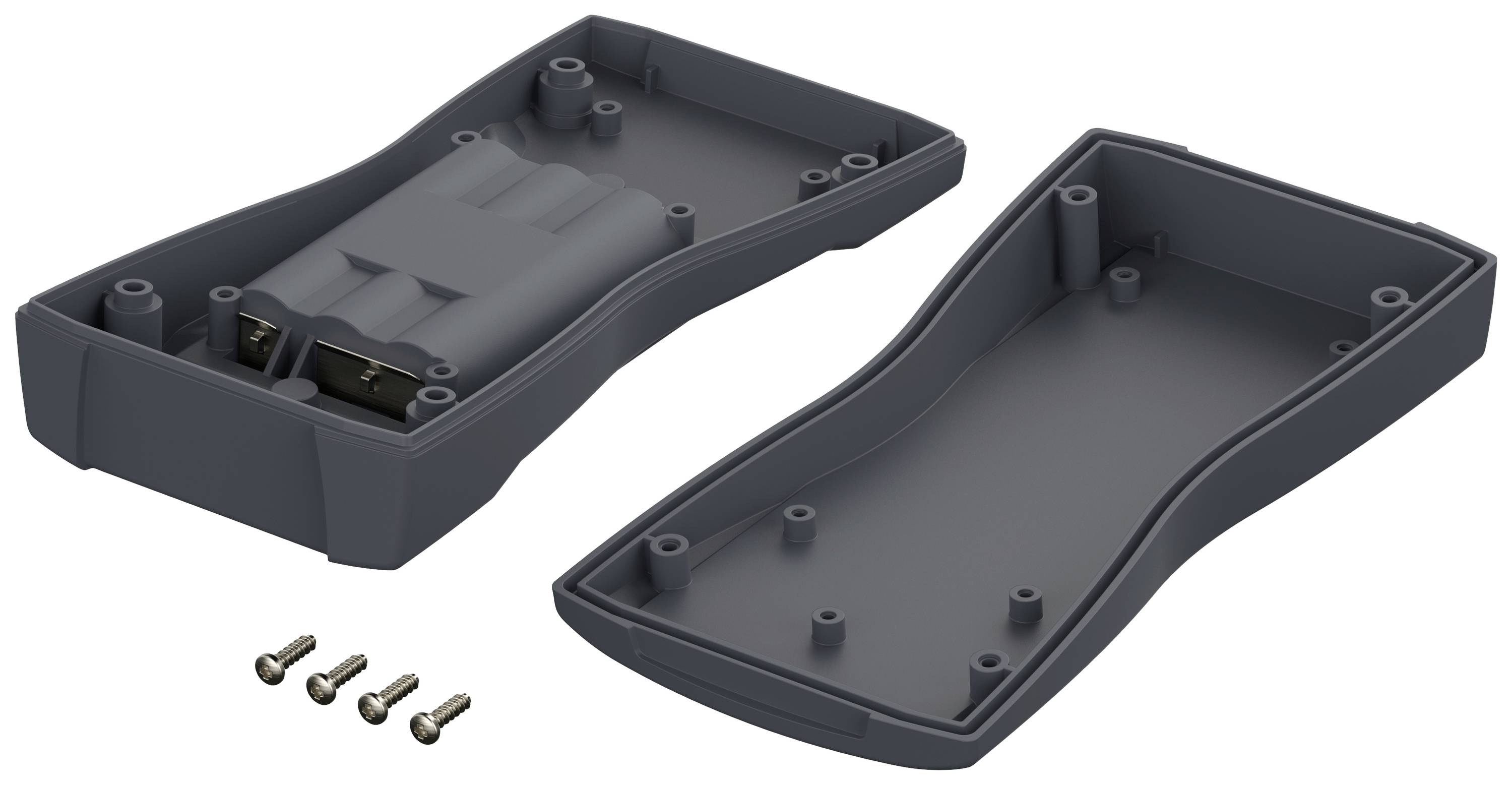 Plastic enclosure disassembled into two halves, secured with four screws. The housing is curved in design, suitable for electronic components.